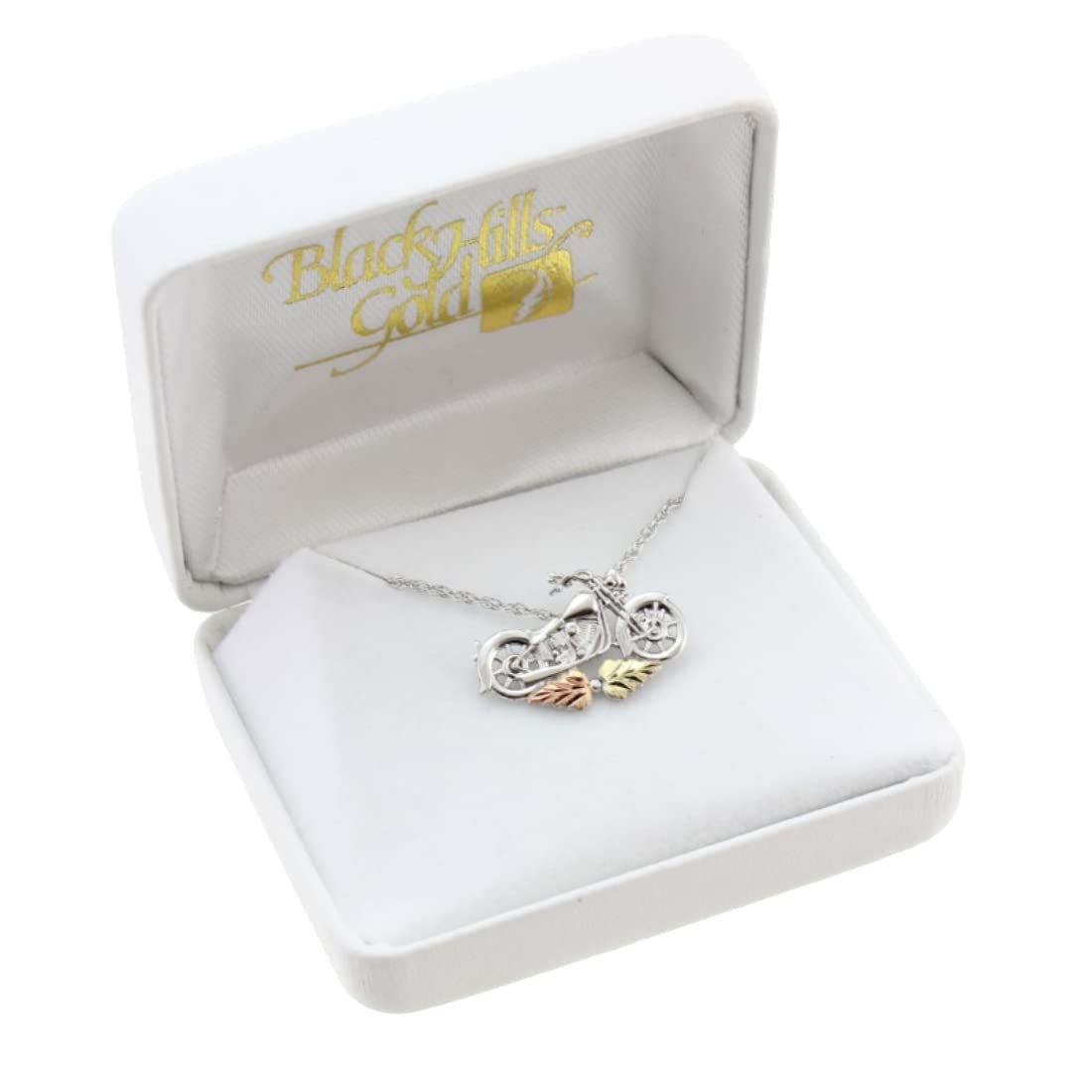 Sterling Silver Motorcycle Pendant Necklace with 12k Green & Rose Gold Black Hills - Perfect for Biker Gifts, Motorcycle Enthusiasts & Jewelry Lovers