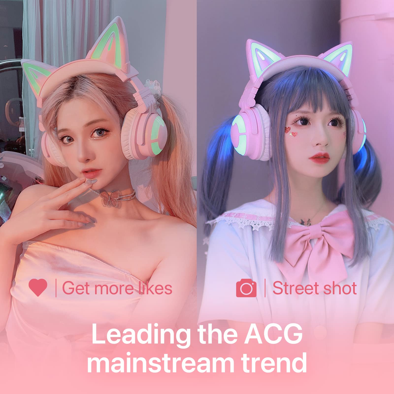 YOWU Cat Ear Headphones 3G - RGB Wireless/Wired 5.0 Foldable Gaming Headset with 7.1 Surround Sound, Built-in Mic & Customizable LED Lighting via APP (Pink) | Perfect for PC Gaming, Streaming, and Cosplay