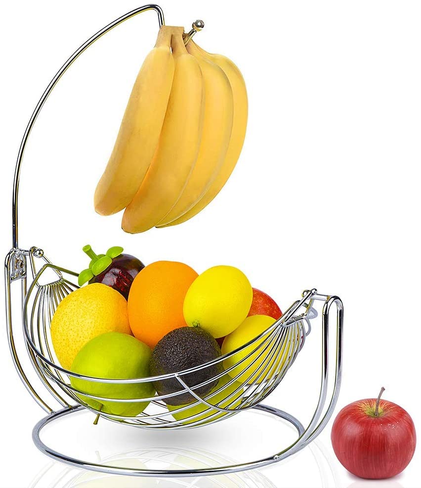 Premium 2-Tier Chrome Fruit Basket with Banana Hanger - Detachable Kitchen Countertop Fruit Bowl & Hanging Storage Organizer - Perfect for Fresh Fruit Display in Dining Room, Kitchen, or Office