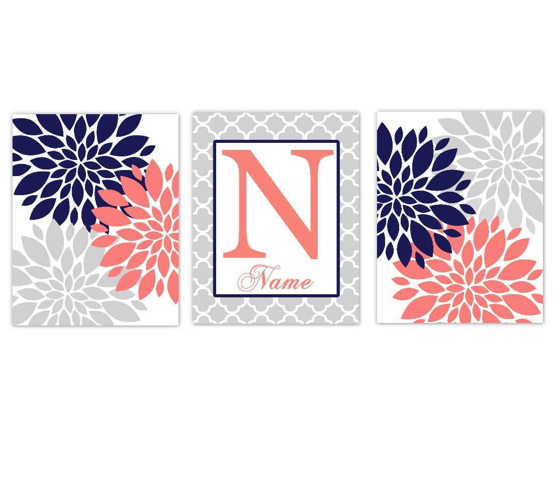 Personalized Coral Navy Blue Dahlia Floral Prints for Baby Girl Nursery & Bedroom Decor - 3 Unframed Wall Art | Perfect for Kids' Rooms, Gifts & Home Decoration