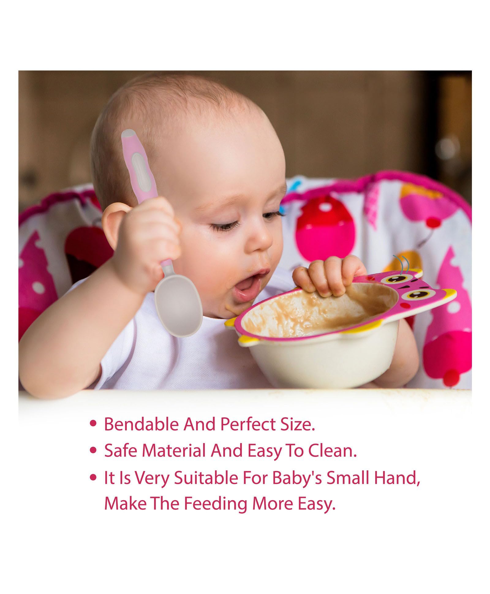 Kritiu BPA-Free Silicone Teether & Baby Spoons Set - Safe Infant Feeding Essentials for Babies 6+ Months - Perfect for Soothing Teething Pain & First Solid Foods (Pink & Baby Pink) | Ideal for Home, Travel & Daycare Use
