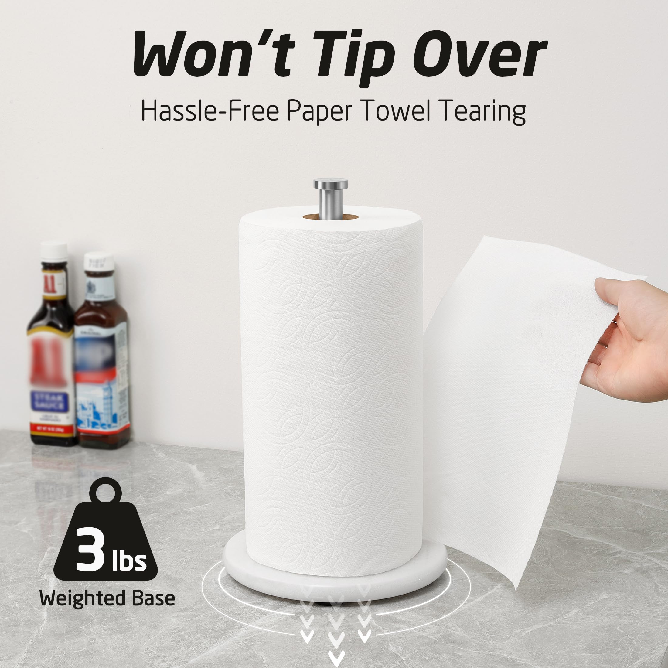 Premium KES Countertop Paper Towel Holder with Natural Marble Base - Brushed Metal Stand for Standard & Jumbo Rolls (KPH100-2) - Perfect for Kitchen, Bathroom & Office Organization