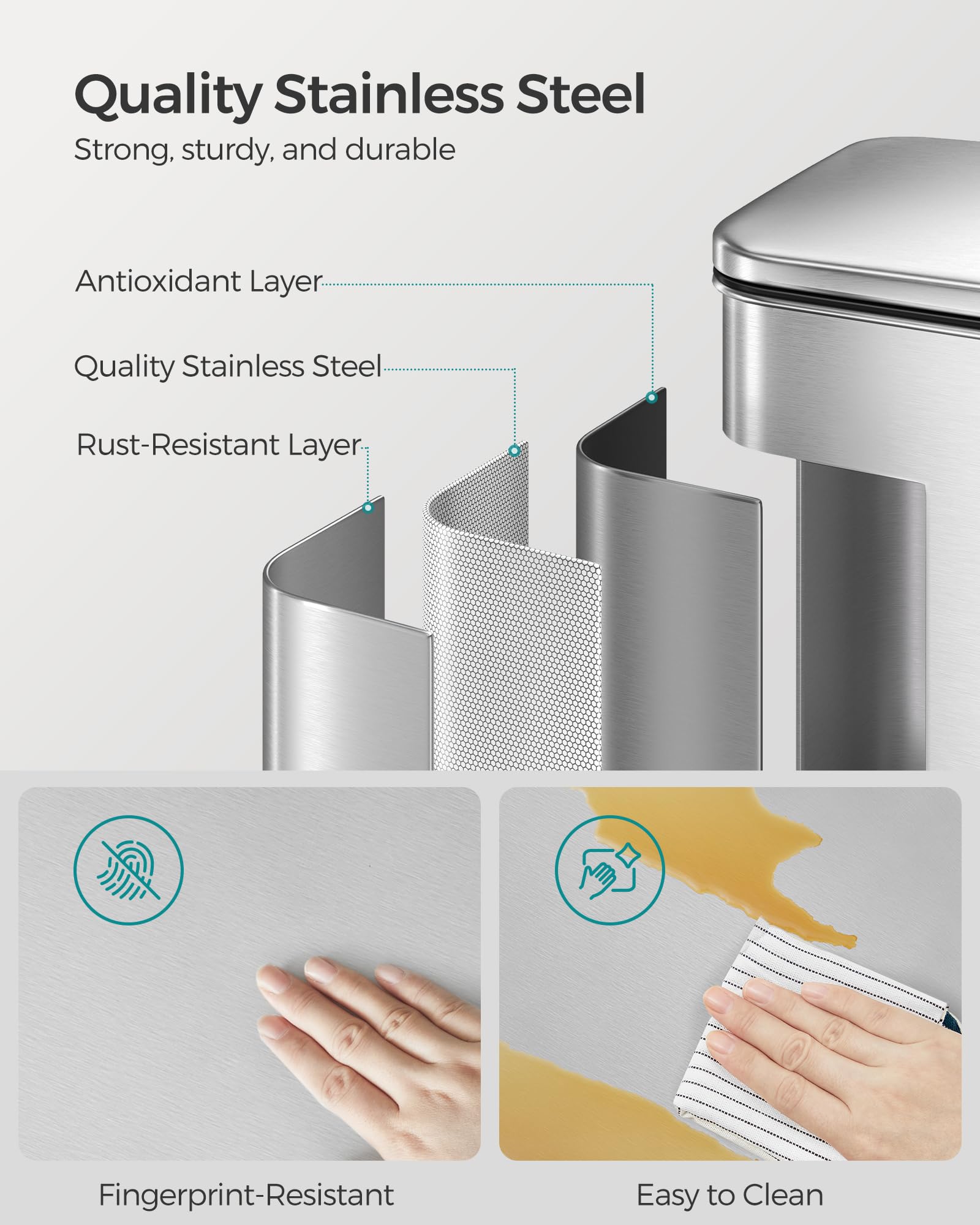 SONGMICS 10.5 Gallon Stainless Steel Step Trash Can with Soft Close Lid - 40L Large Kitchen Garbage Bin Includes 15 Trash Bags (Silver, ULTB540E40) - Perfect for Home, Office, Restaurant & Commercial Use