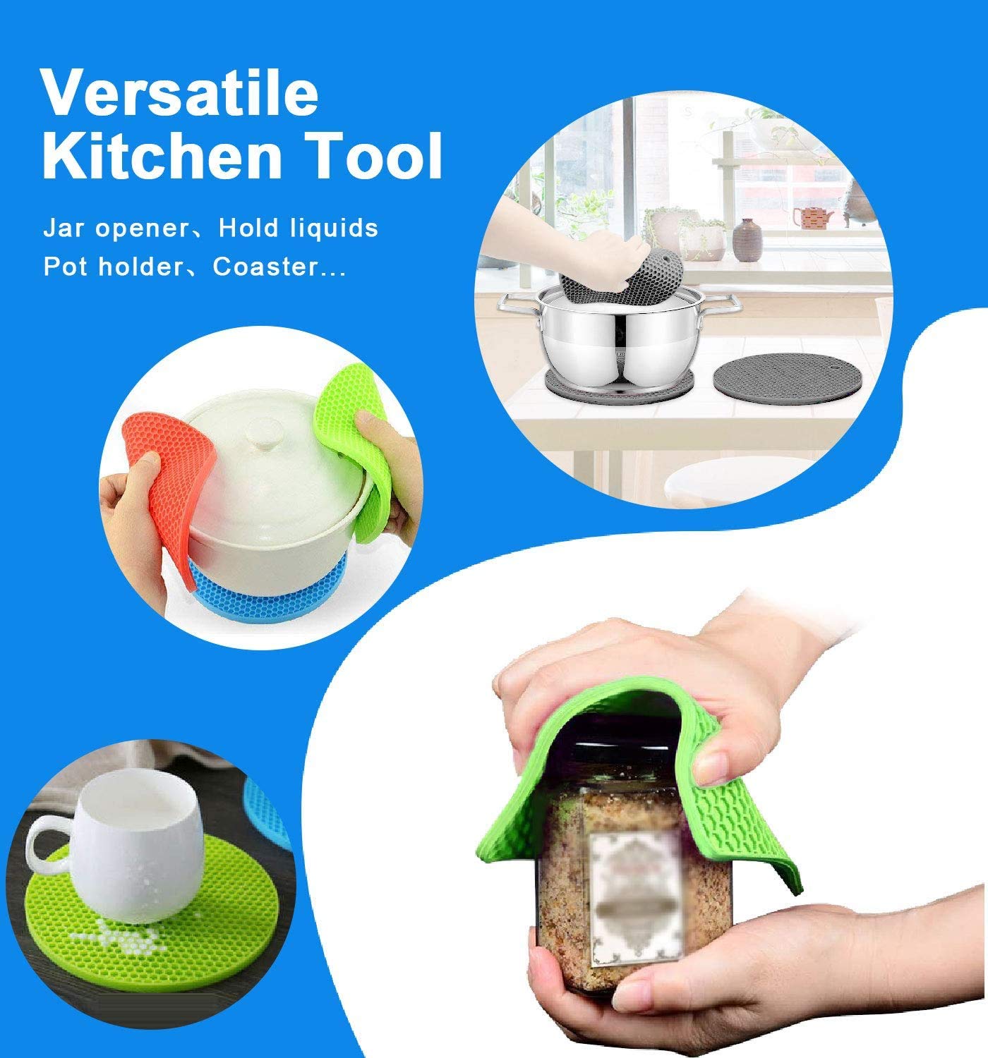 Heat Resistant Silicone Pot Holders - 4pc Non-Slip Trivet Mats for Hot Dishes & Jar Opening - Kitchen & BBQ Use