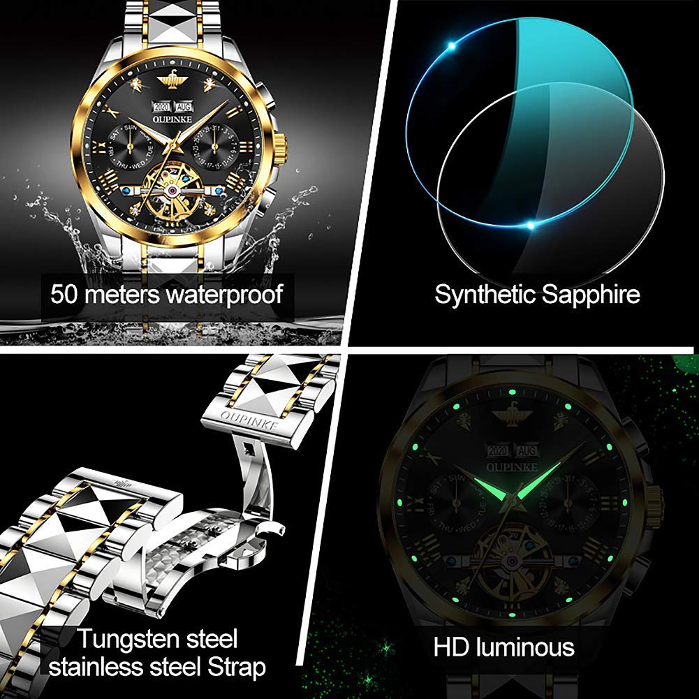 Premium OU PINKE Men's Automatic Watch - Diamond Skeleton Mechanical Self-Winding Luxury Dress Watch with Sapphire Crystal & Tungsten Case - Perfect for Business, Formal Events & Gifts