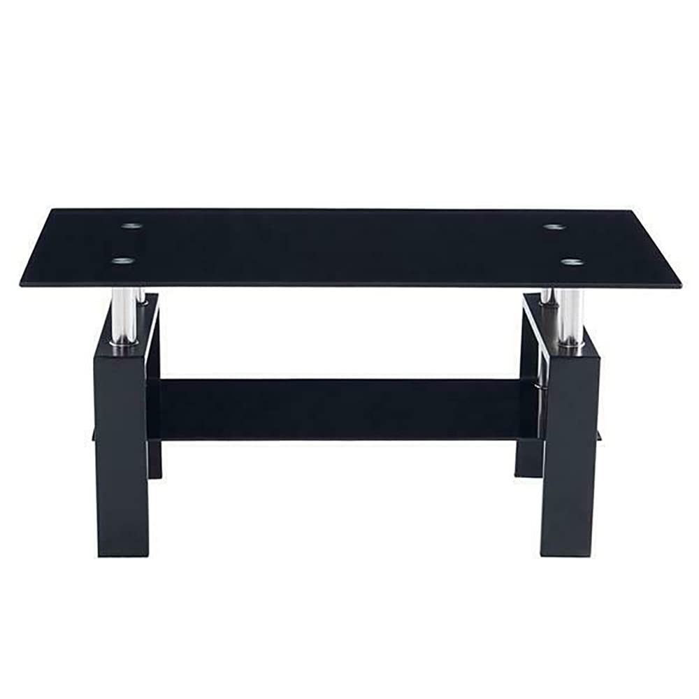Modern Rectangle Coffee Table with Black Glass Top & Metal Legs - Sturdy Lower Shelf for Living Room, Office, or Lounge - US Stock Fast Shipping