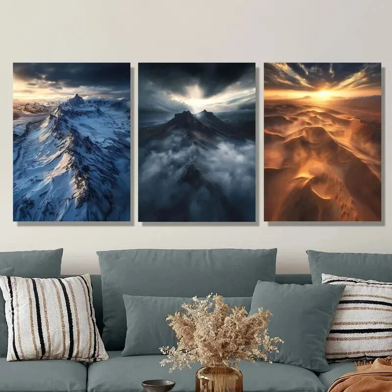 3-Piece Metal Wall Art Prints - Stunning Mountain & Desert Sand Dunes Landscape - Ready to Hang Home Decor for Living Room, Bedroom, or Office