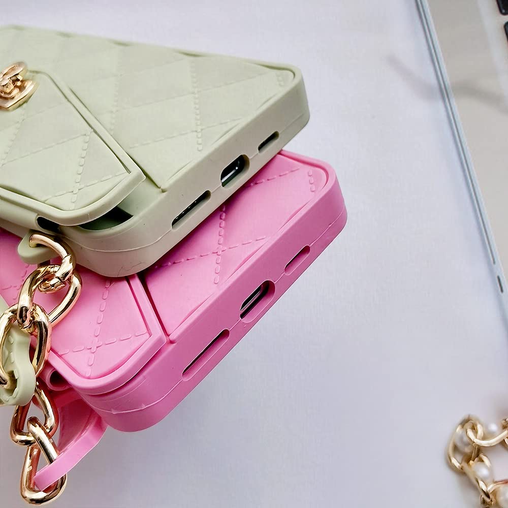 Luxury iPhone 13 Pro Max Wallet Case with Card Holder & Pearl Chain Strap - Soft Silicone Phone Cover with Wristlet & Crossbody Lanyard for Women (Pink) - Perfect for Everyday Use, Shopping & Travel Accessories