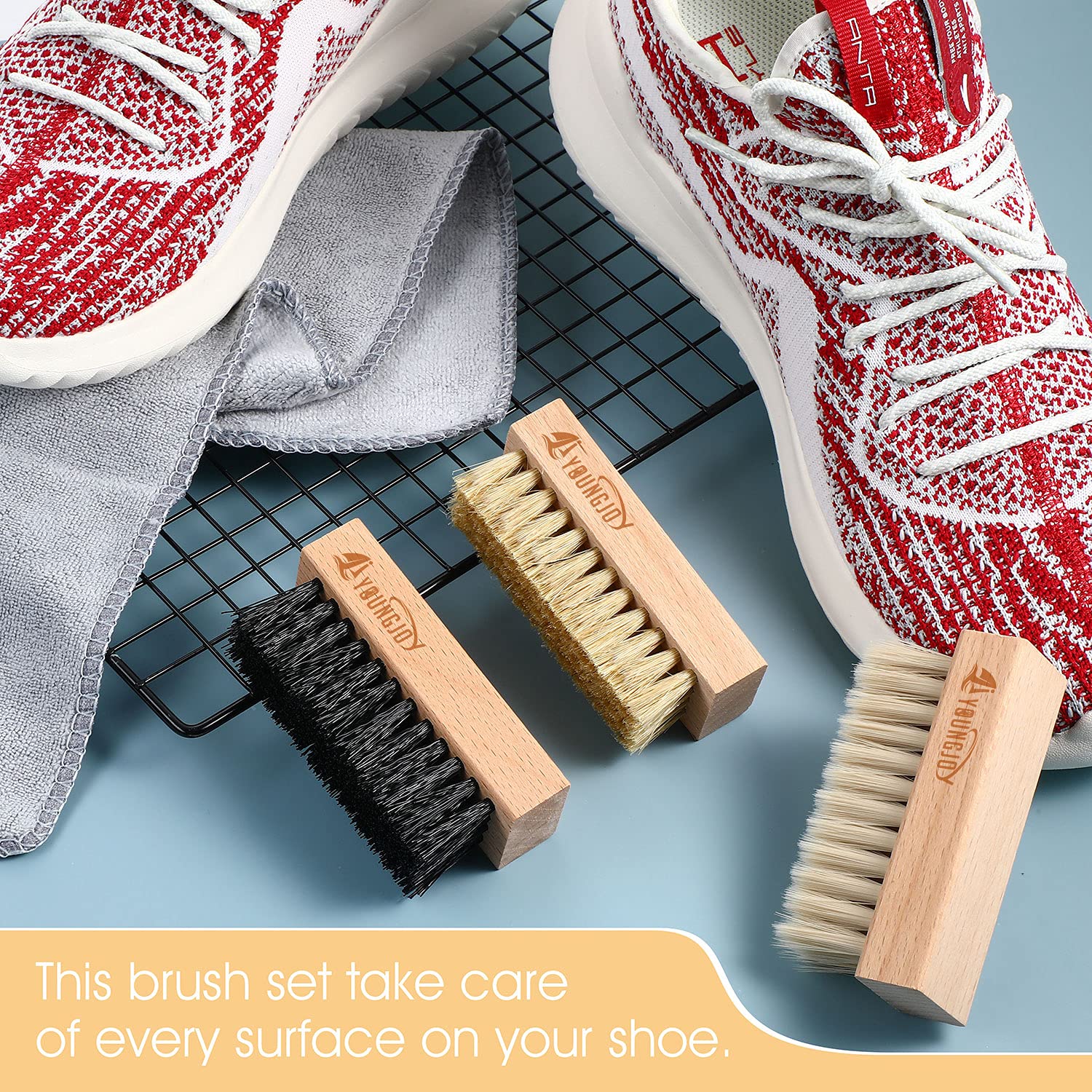 YoungJoy 3-Piece Dual-Sided Sneaker Cleaning Brush Set - Soft Boar & Plastic Bristles with Microfiber Cloth - Perfect for Cleaning Shoes, Sneakers, Boots & Sports Gear at Home or On-The-Go