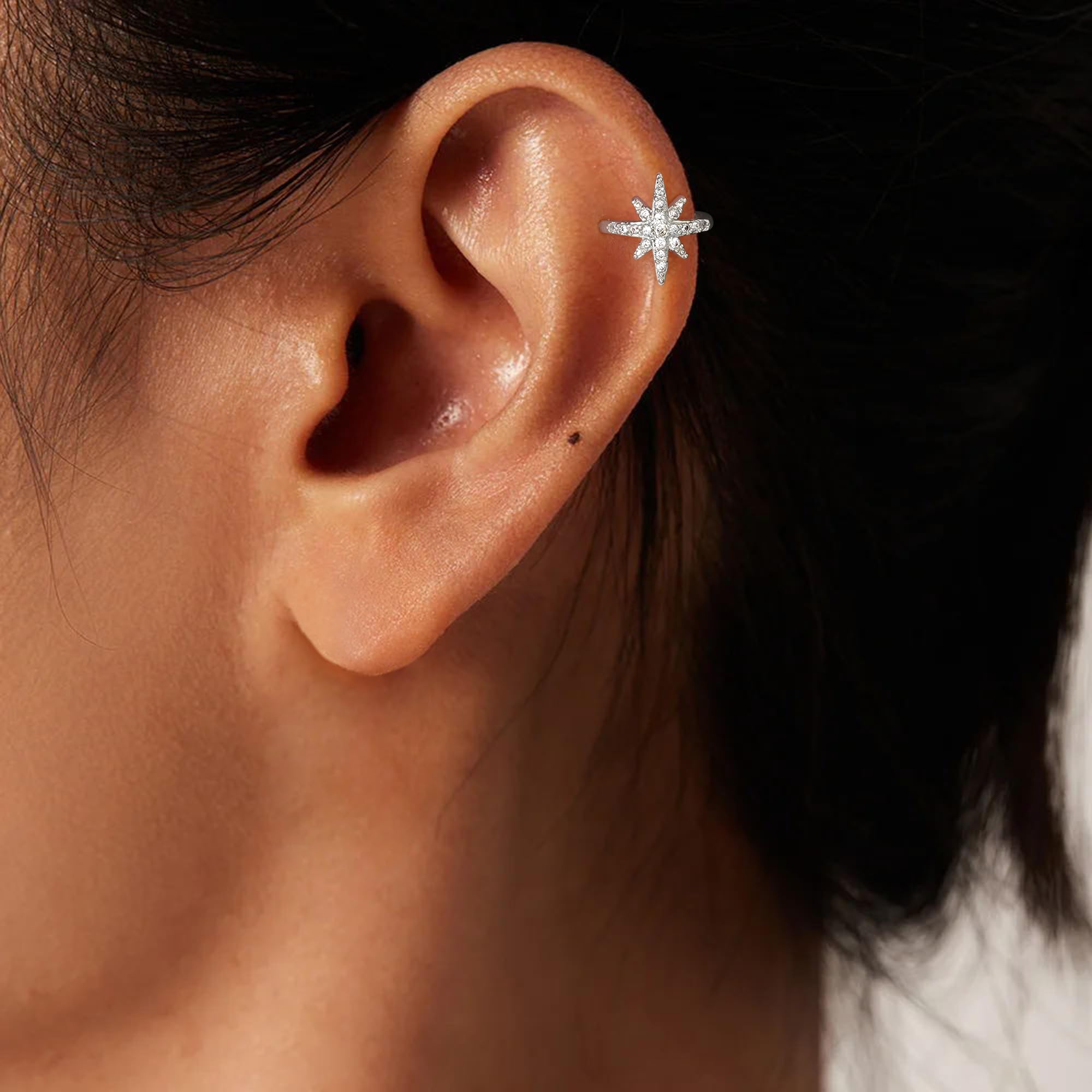 Dainty Gold & Silver Non-Piercing Cartilage Ear Cuffs for Women - Boho Trendy North Star Starburst Ear Cuff Set - Perfect for Everyday Wear, Parties & Gifts