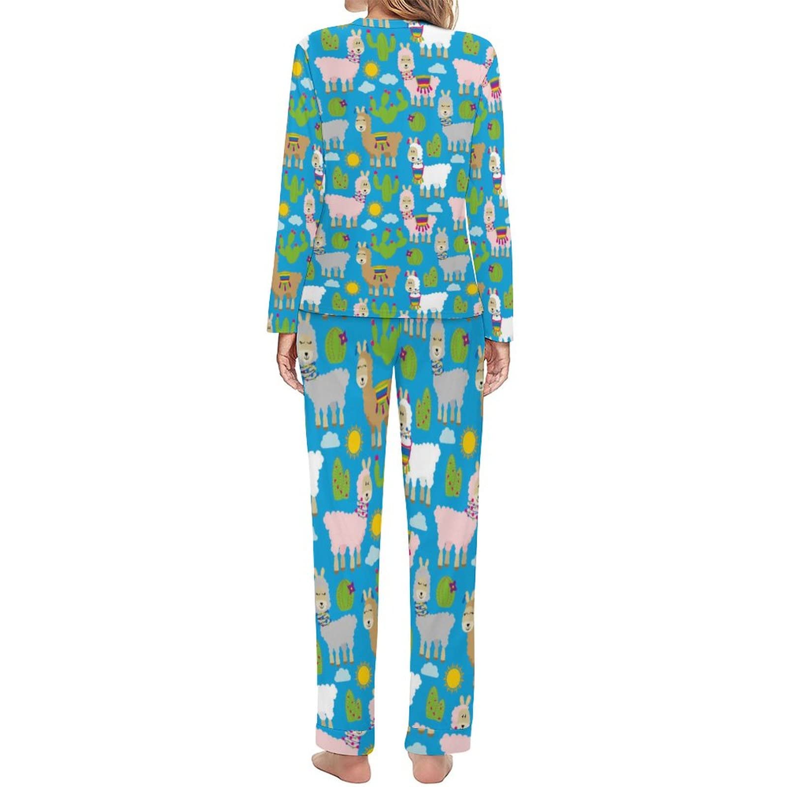 Llama Cactus Print Women's Pajama Set - Soft Long Sleeve Sleepwear & Lounge Outfit (XS) - Cozy Nightwear for Home Relaxation & Sleep