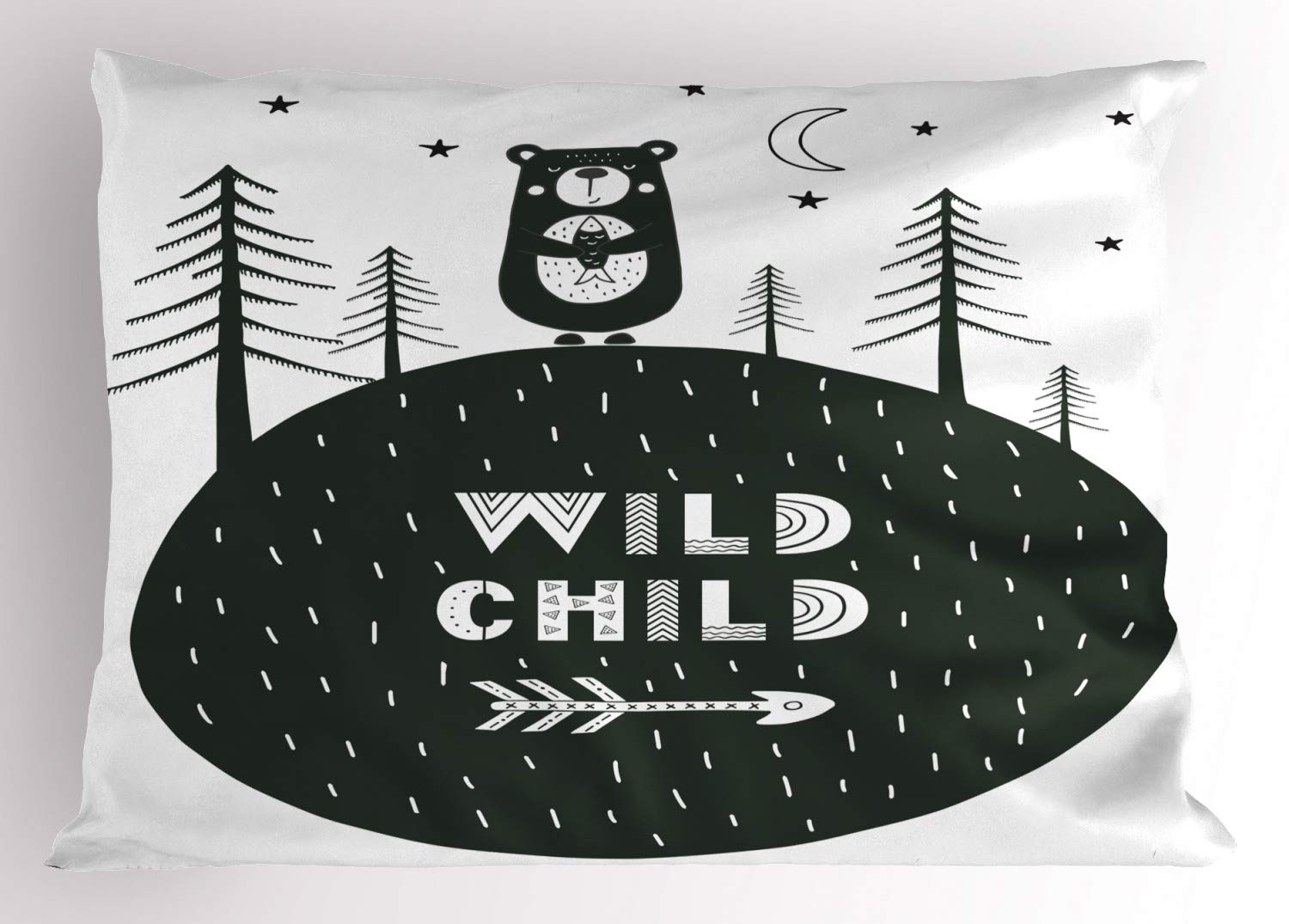 Ambesonne Grey and White Bear Pillow Sham - Hand Drawn Smiling Bear Holding Fish in Forest Wild - Decorative Standard Size Printed Pillowcase 30x20 Inches - Perfect for Bedroom, Living Room & Nursery Decor
