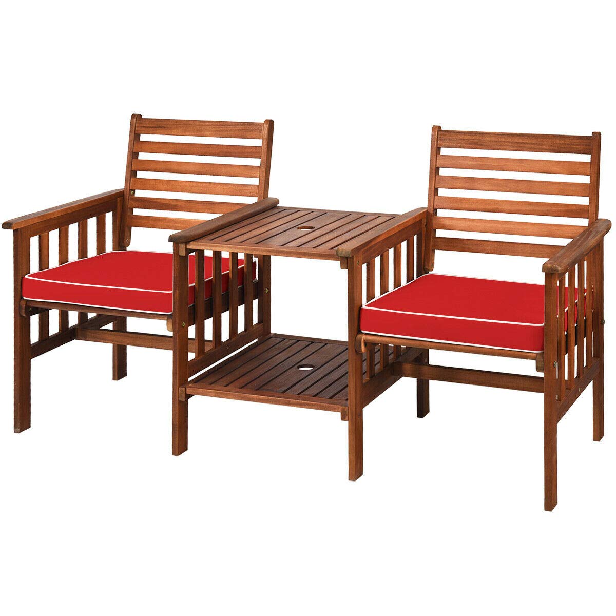 Red Patio Loveseat Set - Outdoor Conversation Furniture with 2-Tier Coffee Table, 2.1