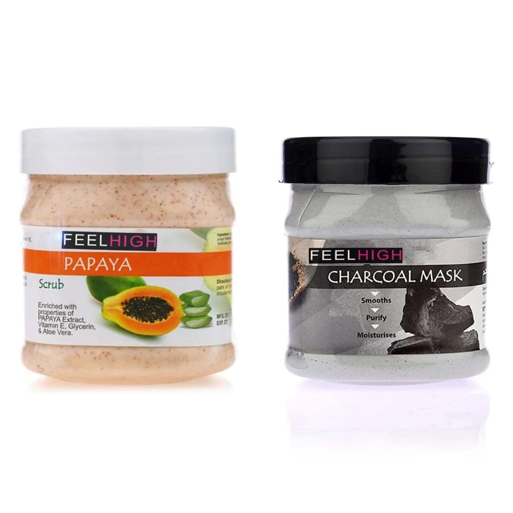Feelhigh Papaya Face & Body Scrub with Charcoal Mask Set - Exfoliating & Detoxifying Skincare Duo for Clear, Glowing Skin - Perfect for Acne-Prone & Oily Skin Types
