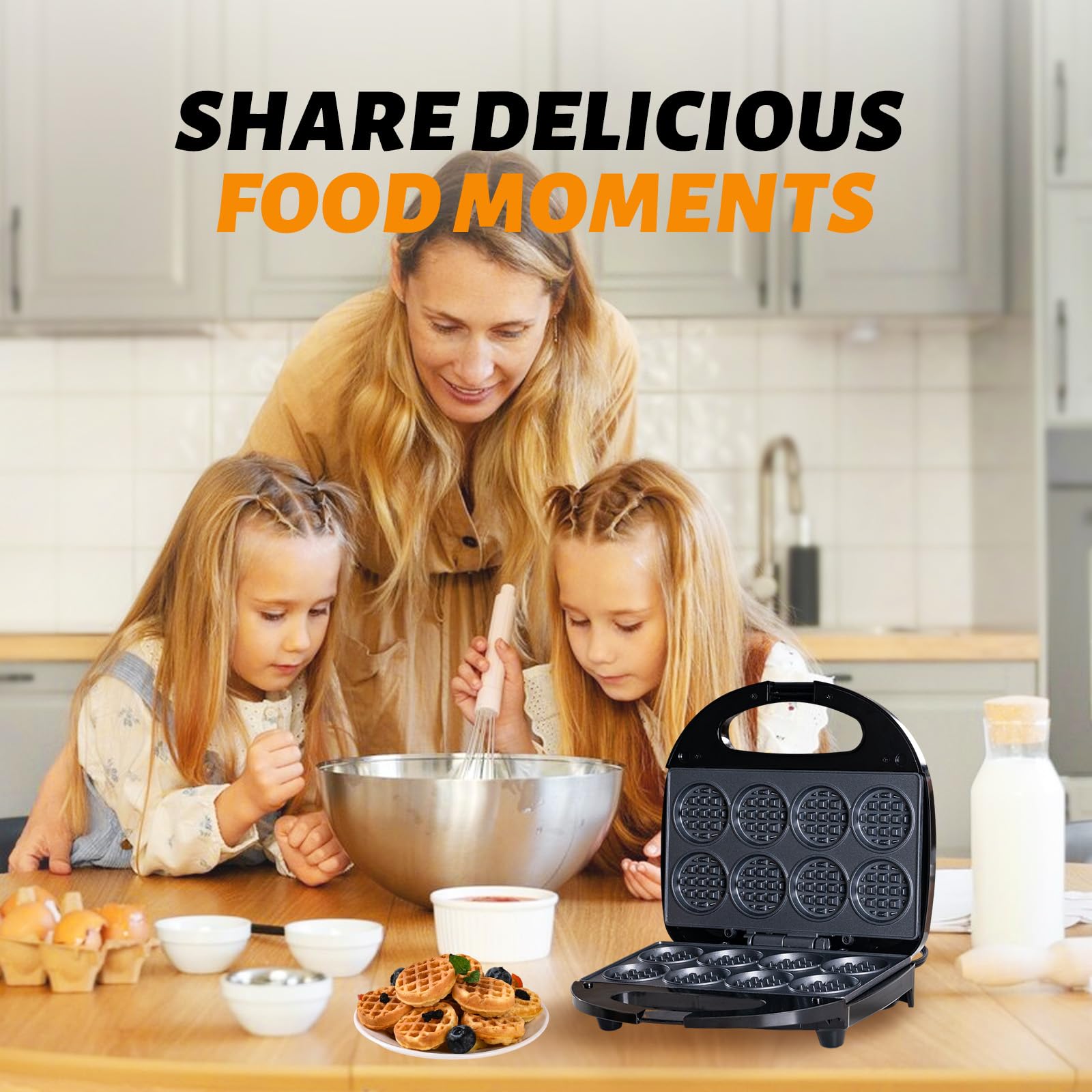 Non-Stick Mini Waffle Maker Machine - Fast Heating, Makes 8 Perfect Waffles - Ideal for Kids Breakfast, Snacks & Desserts - Great for Family Meals, Parties & Quick Breakfast Solutions