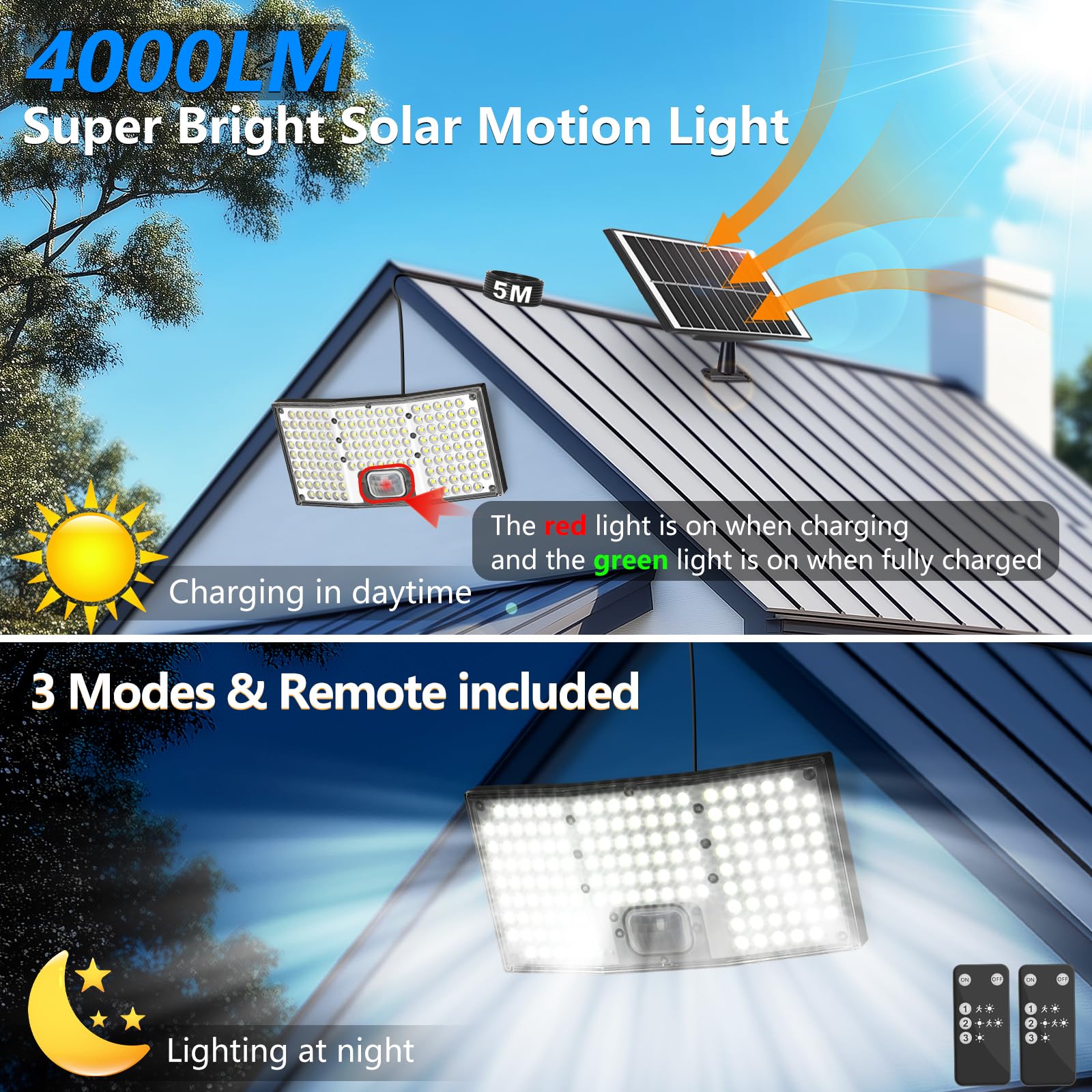 292 LED Solar Flood Lights with Motion Sensor & Remote - 4000LM Dusk to Dawn Security Lights, IP65 Waterproof, 3 Lighting Modes, 16.4FT Cable & Separate Panel - Perfect for Outdoor Yard, Garage, Pathway & Driveway Lighting