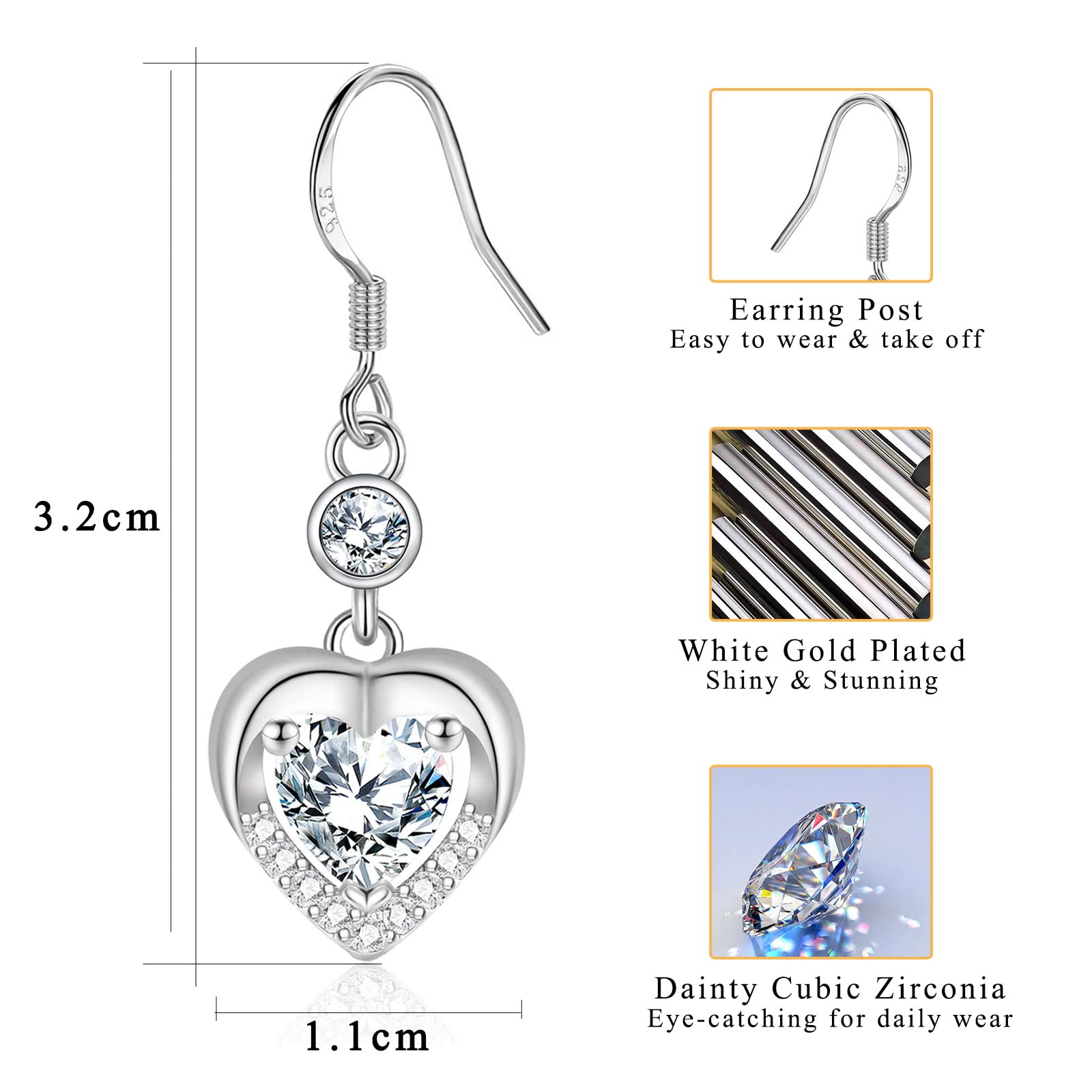 Hypoallergenic Cubic Zirconia Heart Drop Earrings for Women - Sterling Silver Dangle Earrings for Sensitive Ears | Elegant Gift for Birthday, Anniversary, Christmas | Perfect for Date Night, Wedding & Special Occasions