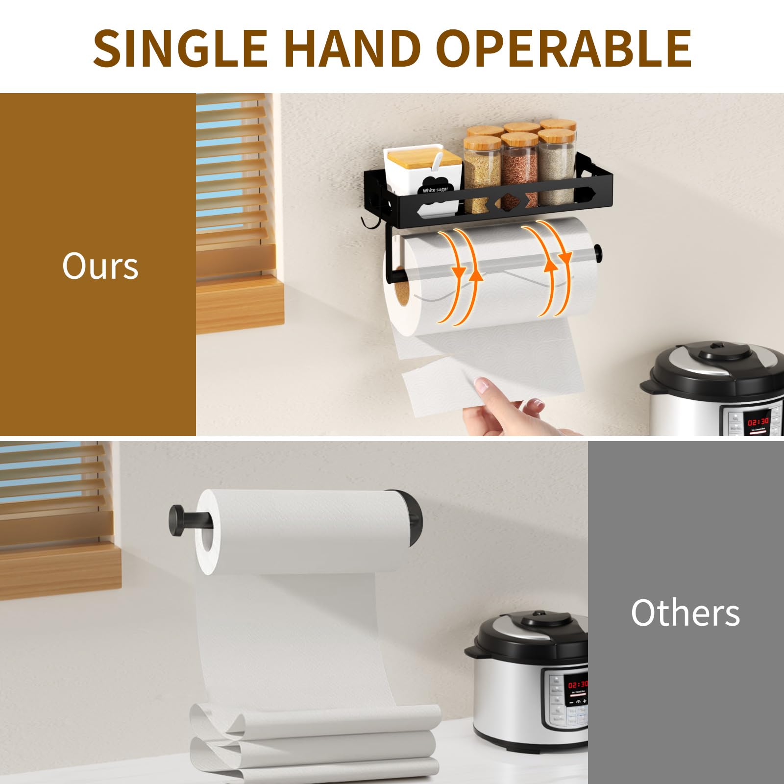 Wall Mount Paper Towel Holder for Kitchen & Bathroom - Easy One-Handed Operation, Self-Adhesive with Shelf & 2 Hooks - Perfect for RV, Office, Laundry Room - Black