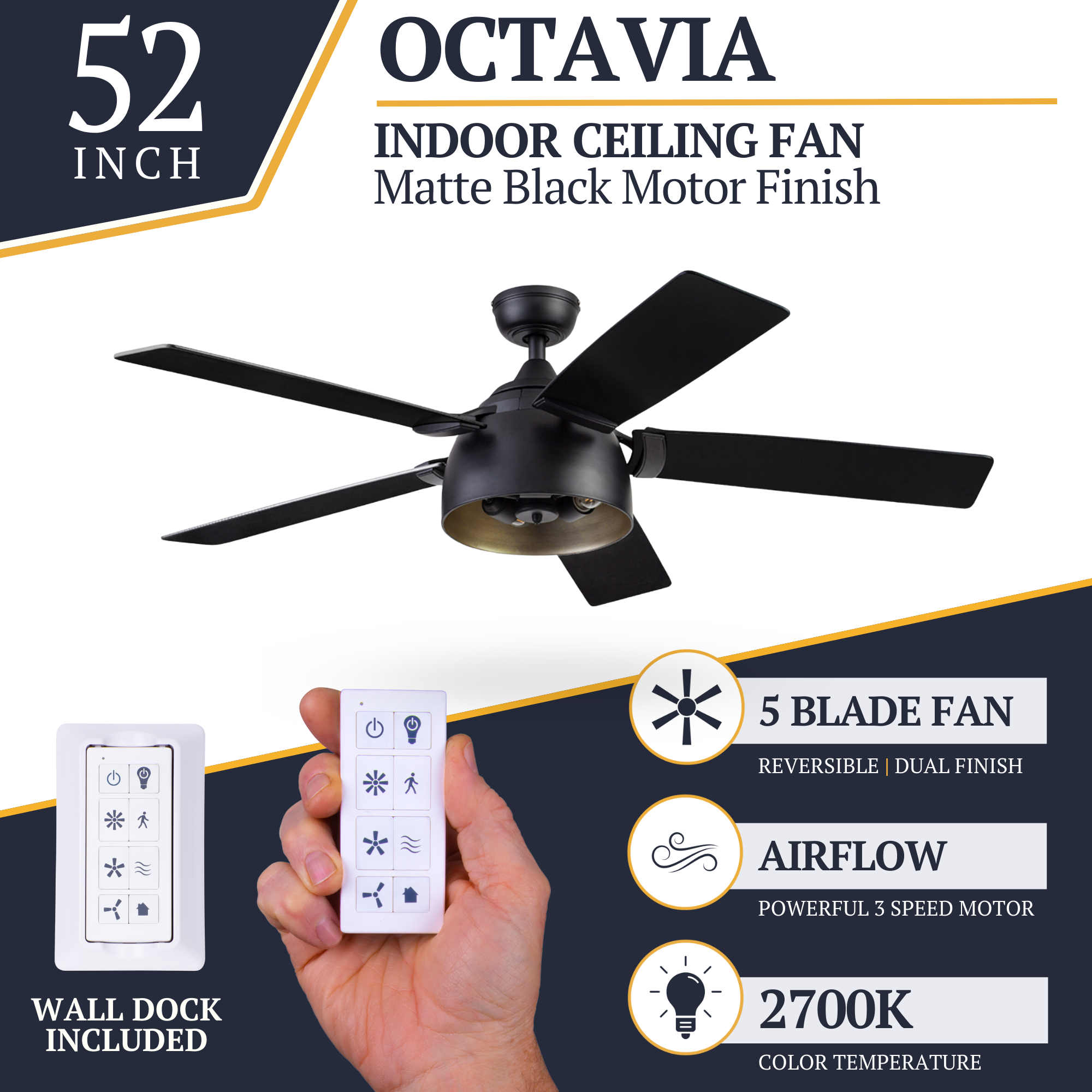 52 Inch Octavia Matte Black Ceiling Fan with Remote Control - Modern Cooling for Living Room, Bedroom & Outdoor Spaces