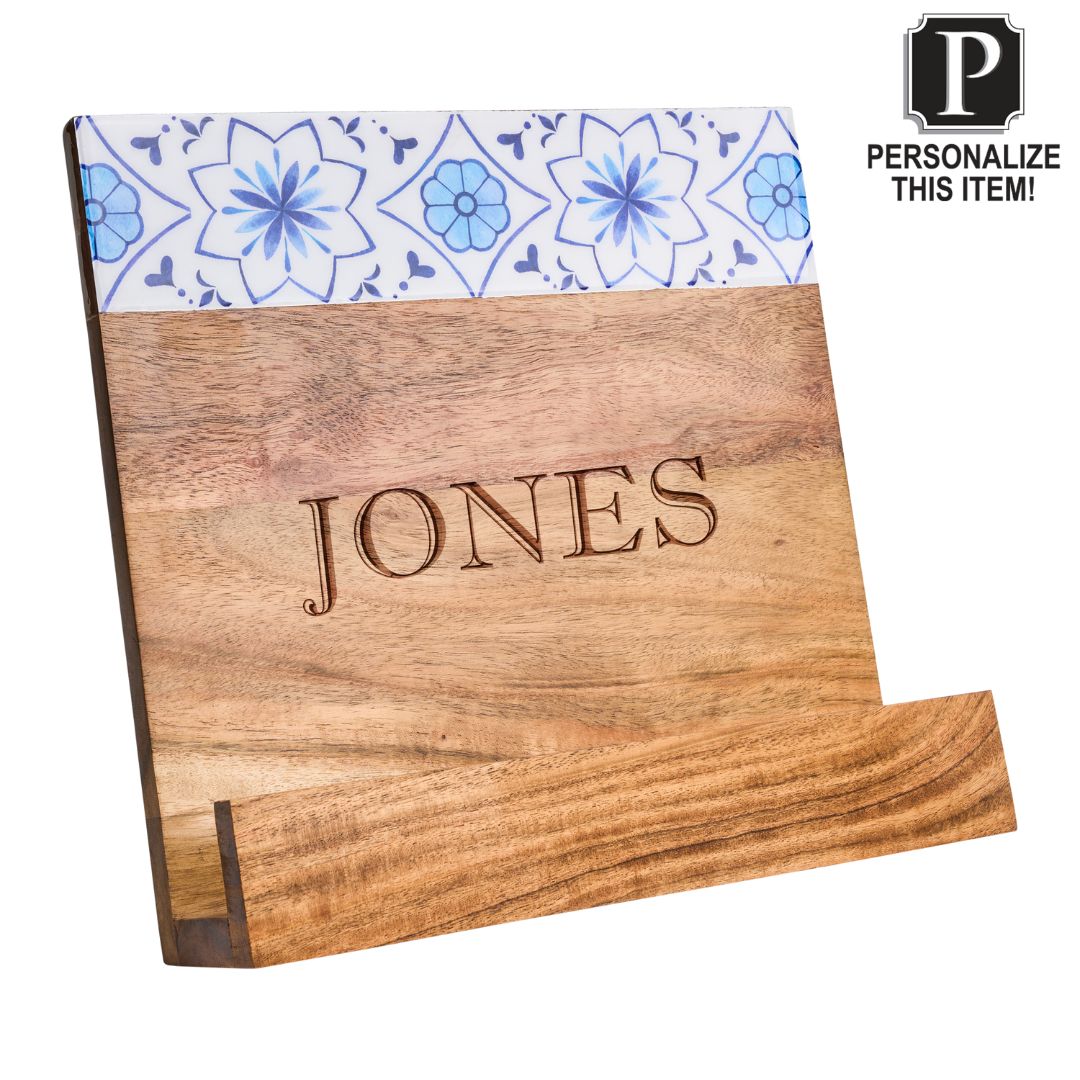 Personalized Acacia Wood Cookbook Stand with Capri Pattern Enamel - 11