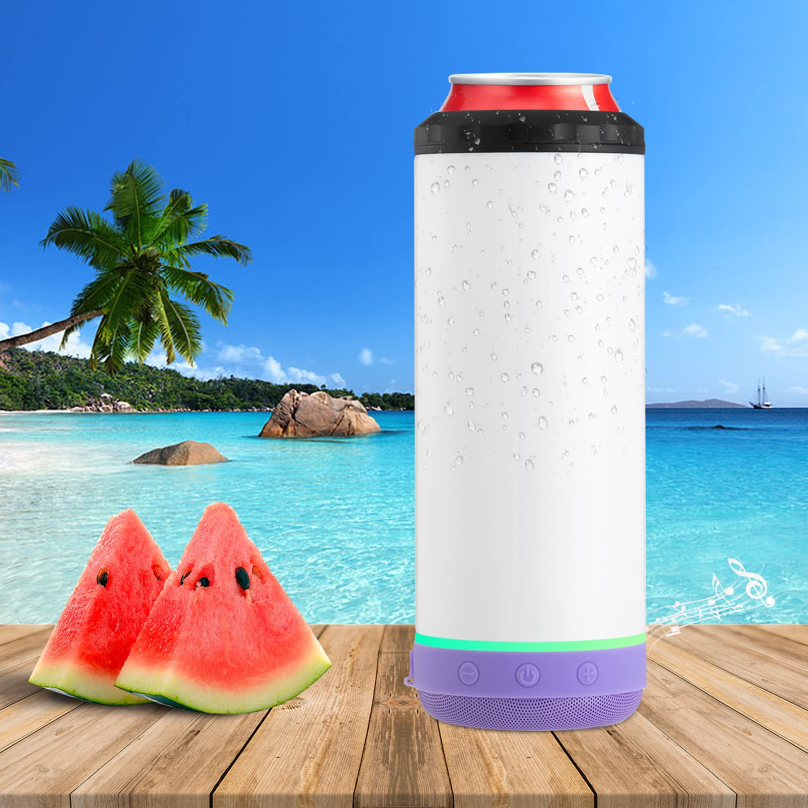 INSTOME 4-in-1 Sublimation Can Cooler with Bluetooth Speaker - 16oz Insulated Music Can Cooler with Detachable LED Light for Beer, Soda & Cocktails - Perfect for Summer Beach Parties, Poolside Drinks & Outdoor BBQs (Purple)