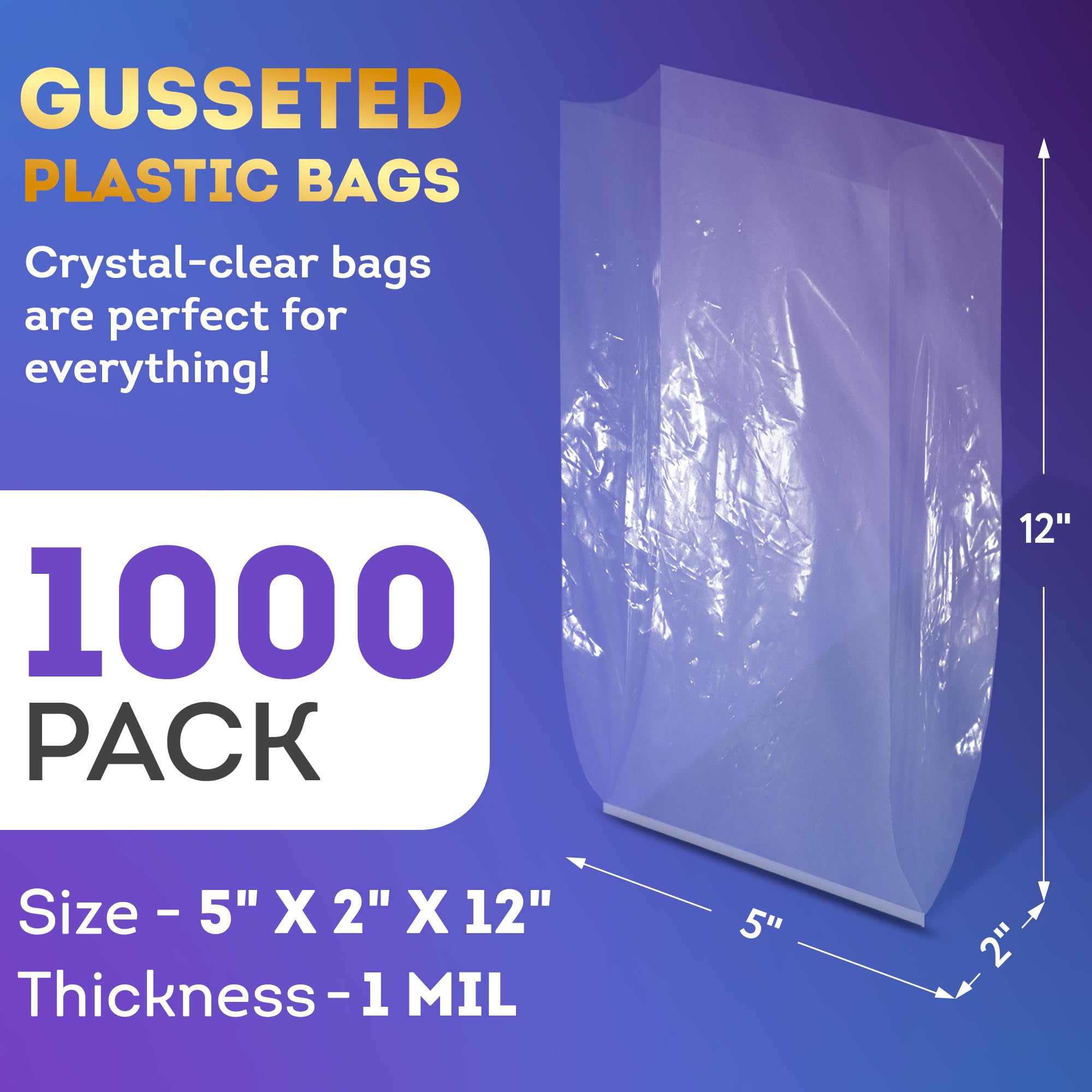 APQ Clear Gusseted Poly Bags 5x2x12 Inches - 1000 Pack of 1 Mil Thick Open Top Plastic Bags for Packaging Cookies, Popcorn, Candies & Homemade Bread - Perfect for Bakery, Party Favors & Retail Packaging