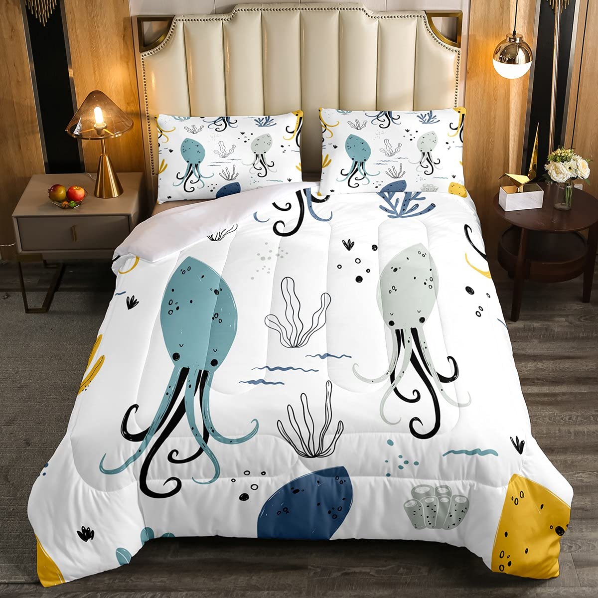 Manfei Octopus Comforter Set Queen Size - Underwater Animal Duvet Cover with Insert, Marine Life Bedding 3 Piece Set for Kids Boys Girls (Ocean Theme, Includes 2 Pillowcases) - Perfect for Kids' Bedrooms, Themed Sleepovers & Underwater Decor