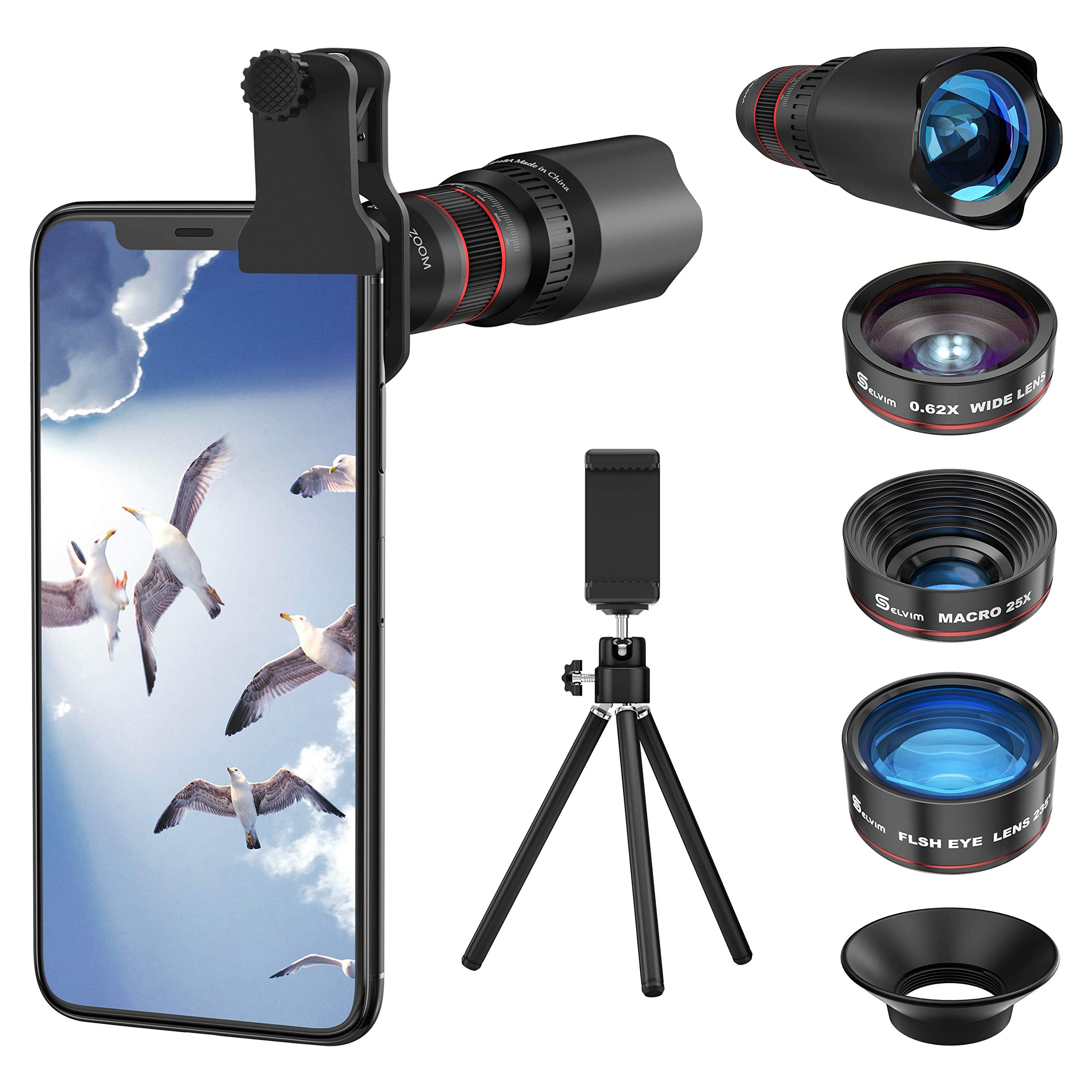 Selvim 4-in-1 Phone Camera Lens Kit - 22X Telephoto Lens, 235° Fisheye Lens, 0.62X Wide Angle Lens & 25X Macro Lens - Compatible with iPhone 7/8/11/12/13 Pro Max/X/XS/XR & Android Samsung - Perfect for Travel, Vlogging & Close-Up Photography