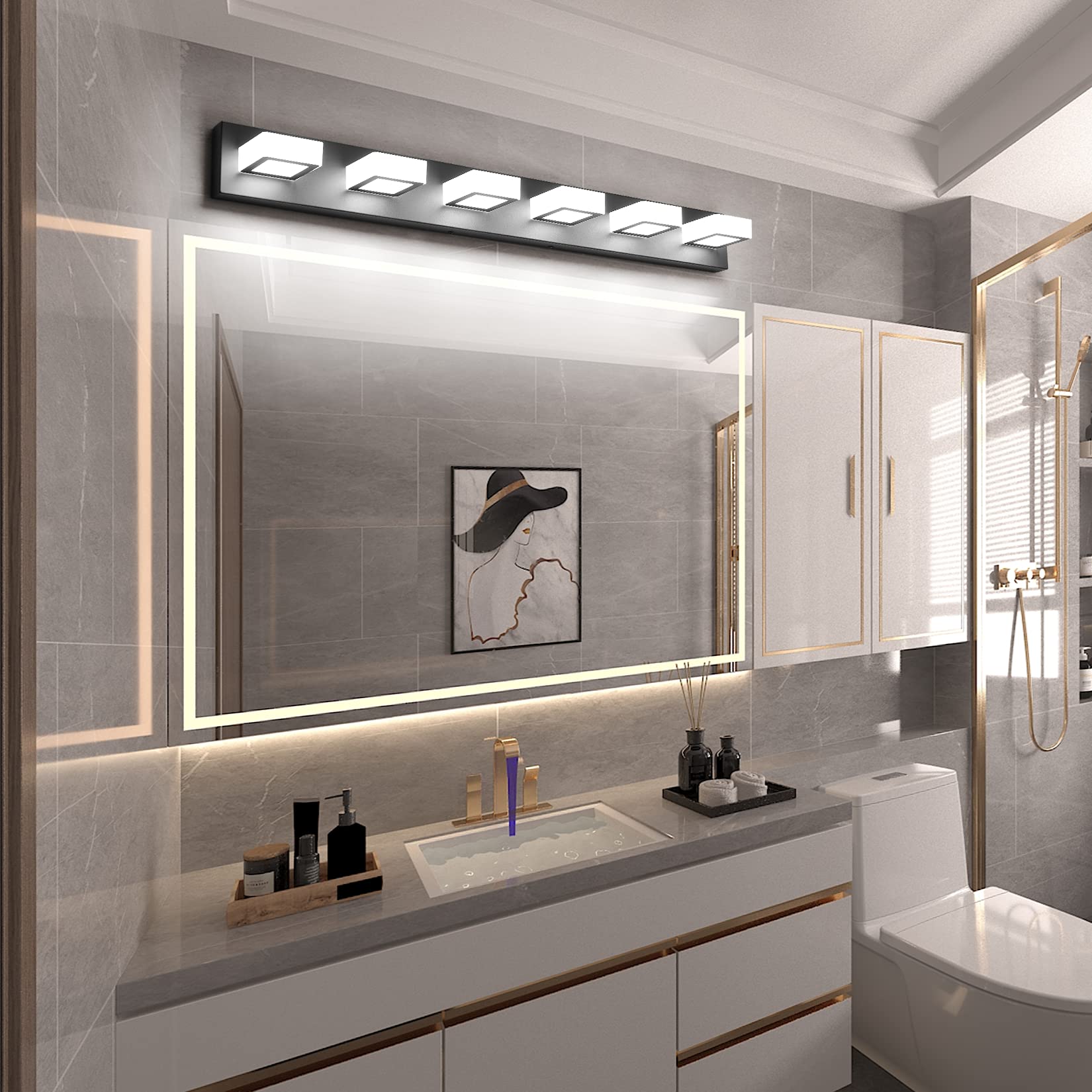 Ralbay 6-Light Modern Matte Black Bathroom Vanity Light Fixture - Acrylic LED Vanity Lighting with 4500K Neutral White - Perfect for Bathroom, Powder Room & Dressing Area Makeup Mirror Lighting