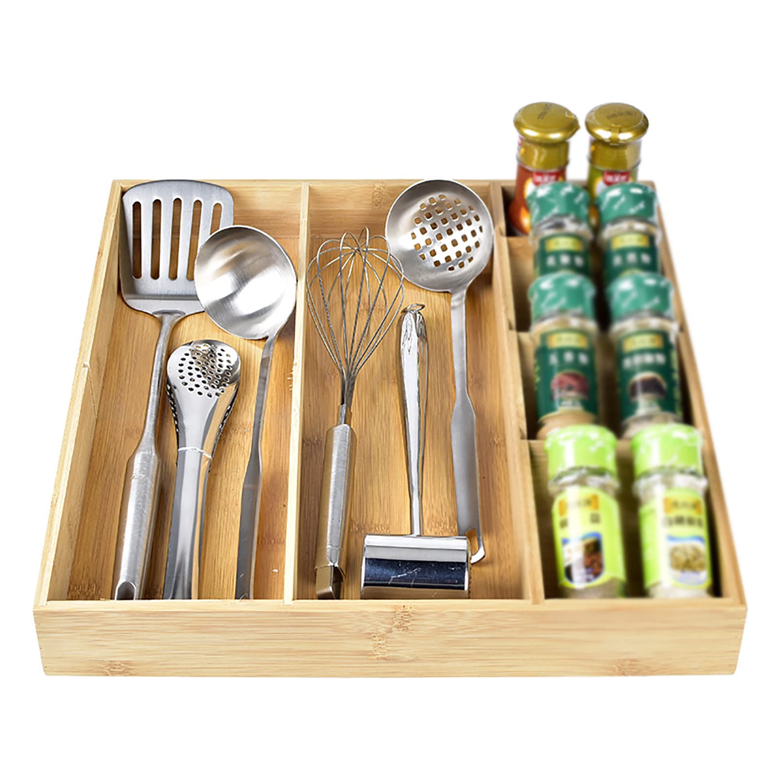 Bamboo Cutlery Drawer Organizer Tray - Expandable Wooden Silverware Divider & Utensil Holder for Kitchen Drawer, Countertop, Makeup & Bathroom Organization (Brown, 15x16 Inches) - Perfect for Home, Office & Travel Storage Solutions