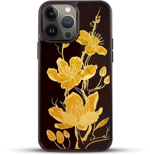 La Sonmai iPhone 13 Pro Max Case - Handcrafted Lacquer Golden Apricot Blossom Design with 24K Gold Accents + Premium Tempered Glass Screen Protector & Aluminum Lens Cover (Glossy Black) - Luxury Protection for Everyday Use & Special Occasions