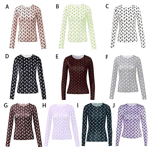 Women's Crescent Moon Print Bodycon T-Shirt - Long & Short Sleeve Summer Tops for Casual Wear, Night Out, and Beach Vacation