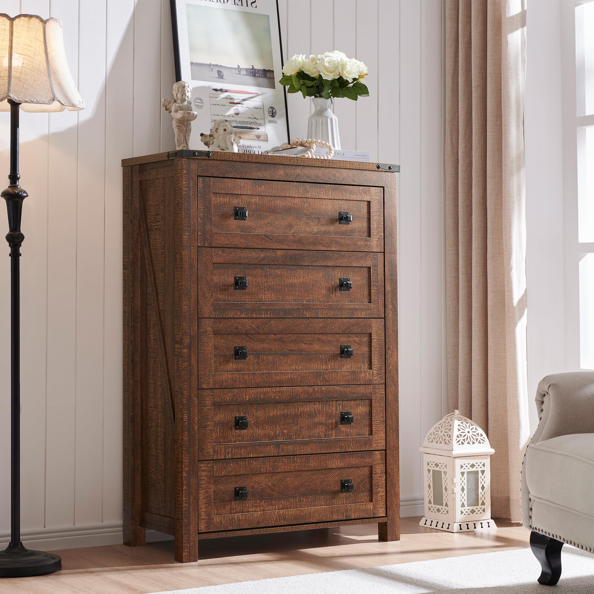 Rustic Farmhouse 5-Drawer Wood Dresser - Reclaimed Barnwood Chest Organizer for Bedroom, Living Room & Hallway | Perfect for Storage, Home Decor & Small Space Organization
