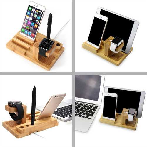 Bamboo Wooden Charging Stand for Apple Watch & iPhone 6S Plus - Multi-Device Desktop Organizer with Pen Holder | Perfect for Office, Home Desk & Nightstand Charging Station
