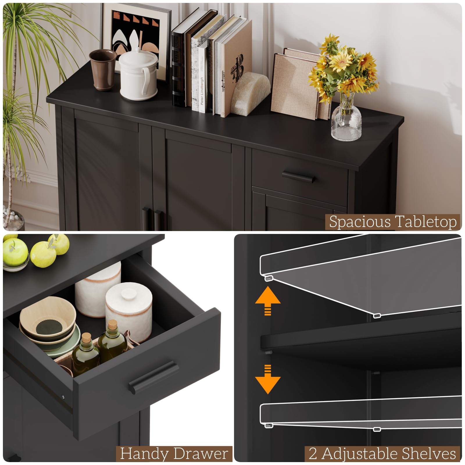Irontar Modern Kitchen Storage Cabinet with Doors & Drawer - Sideboard Buffet Cabinet, Coffee Bar Console Table for Dining Room, Living Room, Entryway - Black CWG010B | Perfect for Home Organization & Stylish Storage Solutions