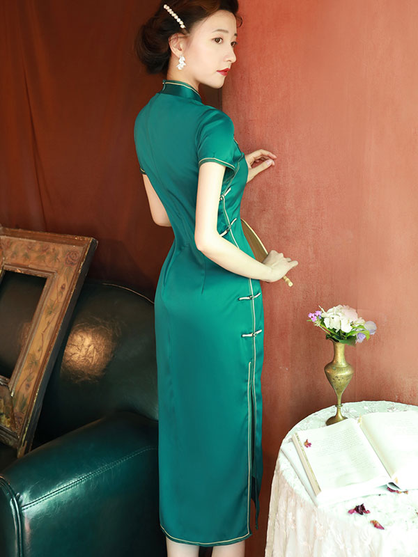 Elegant Green Silk Tea Length Qipao Cheongsam Dress for Women - Vintage Chinese Party Dress, Wedding Guest Outfit, Special Occasion Evening Gown