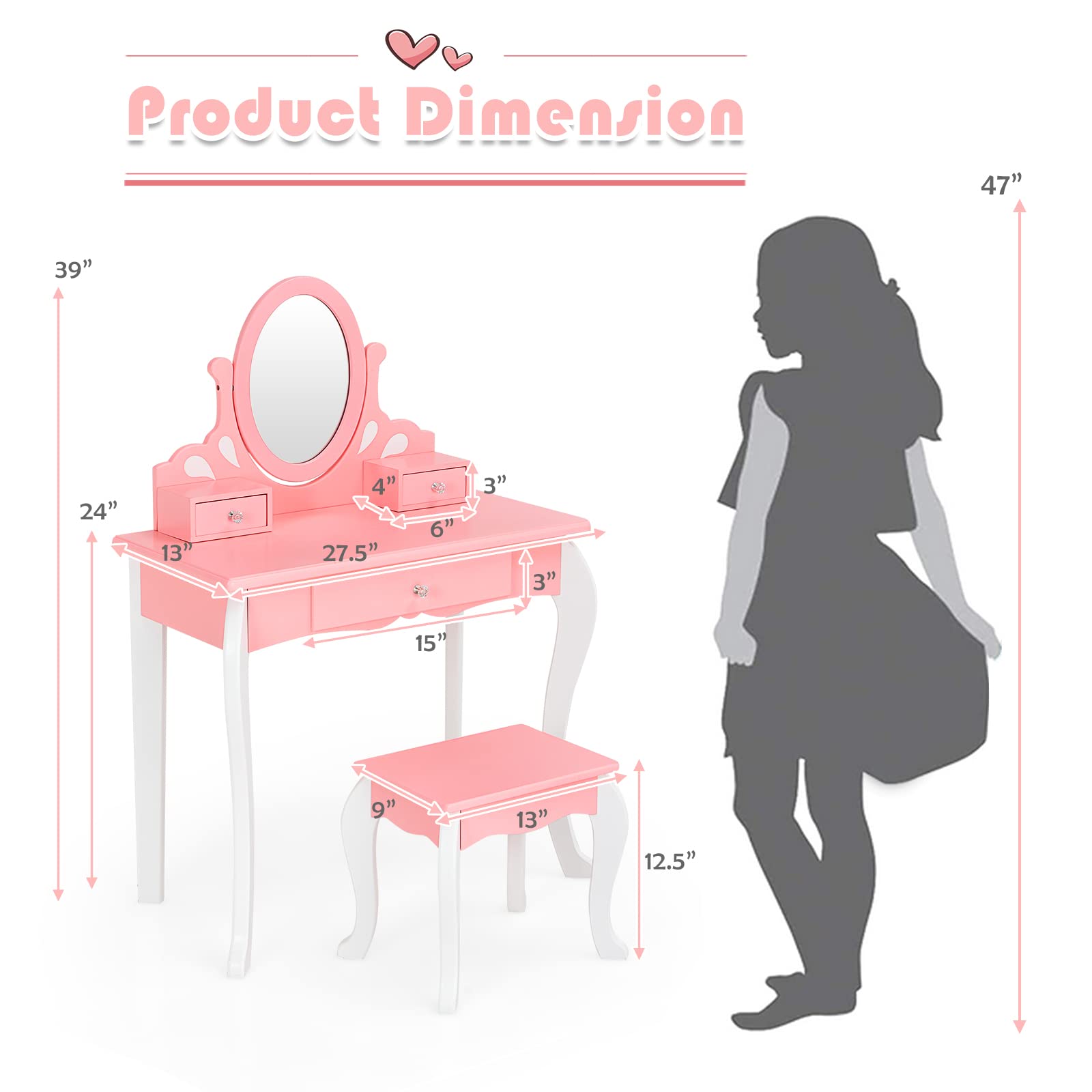 KOTEK 2-in-1 Wooden Princess Makeup Vanity Set with 360° Rotating Mirror, Detachable Top & Storage Drawers - Pink Kids Dressing Table with Stool for Girls | Pretend Play, Birthday Gift, Bedroom Decor, Toddler Room Furniture