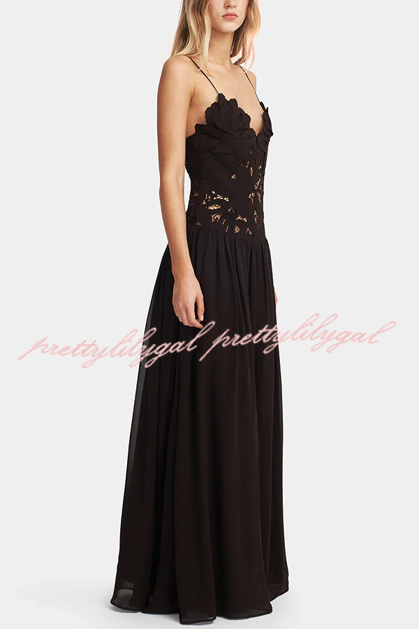 Stephanie Floral Crochet Lace Bust Chiffon Flowy Hem Maxi Dress for Women - Elegant Summer Beach Wedding Party Dress