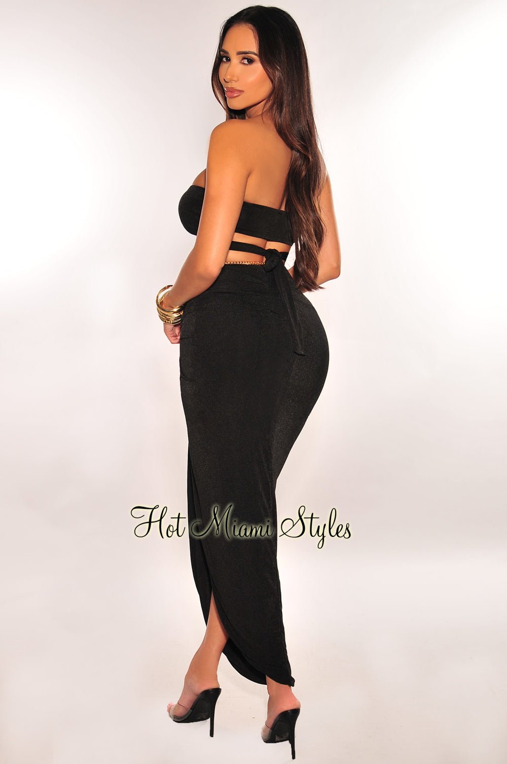 Black Strapless O Ring Wrap Around Knotted Slit Skirt Two Piece Set - Sexy Summer Outfit for Beach Party, Date Night & Club Wear