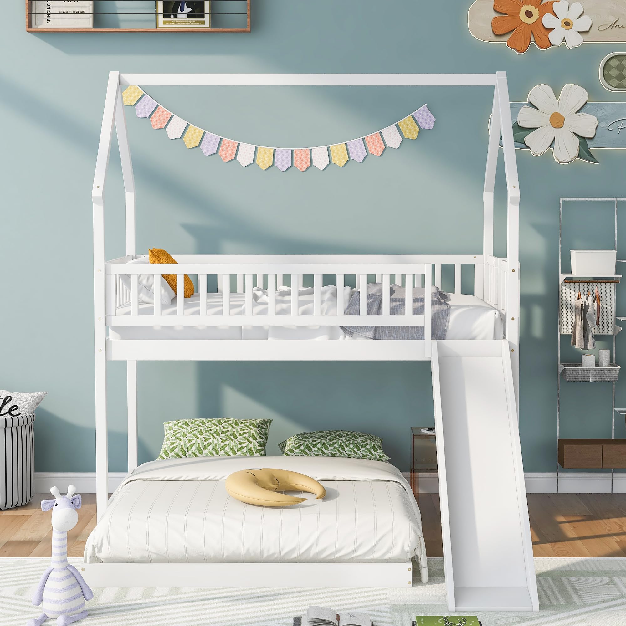 Wooden Twin Over Full Bunk Bed with Slide - Kids House Style Bunk Bed with Roof for Boys & Girls Bedroom - No Box Spring Needed - White - Perfect for Small Spaces & Sleepovers