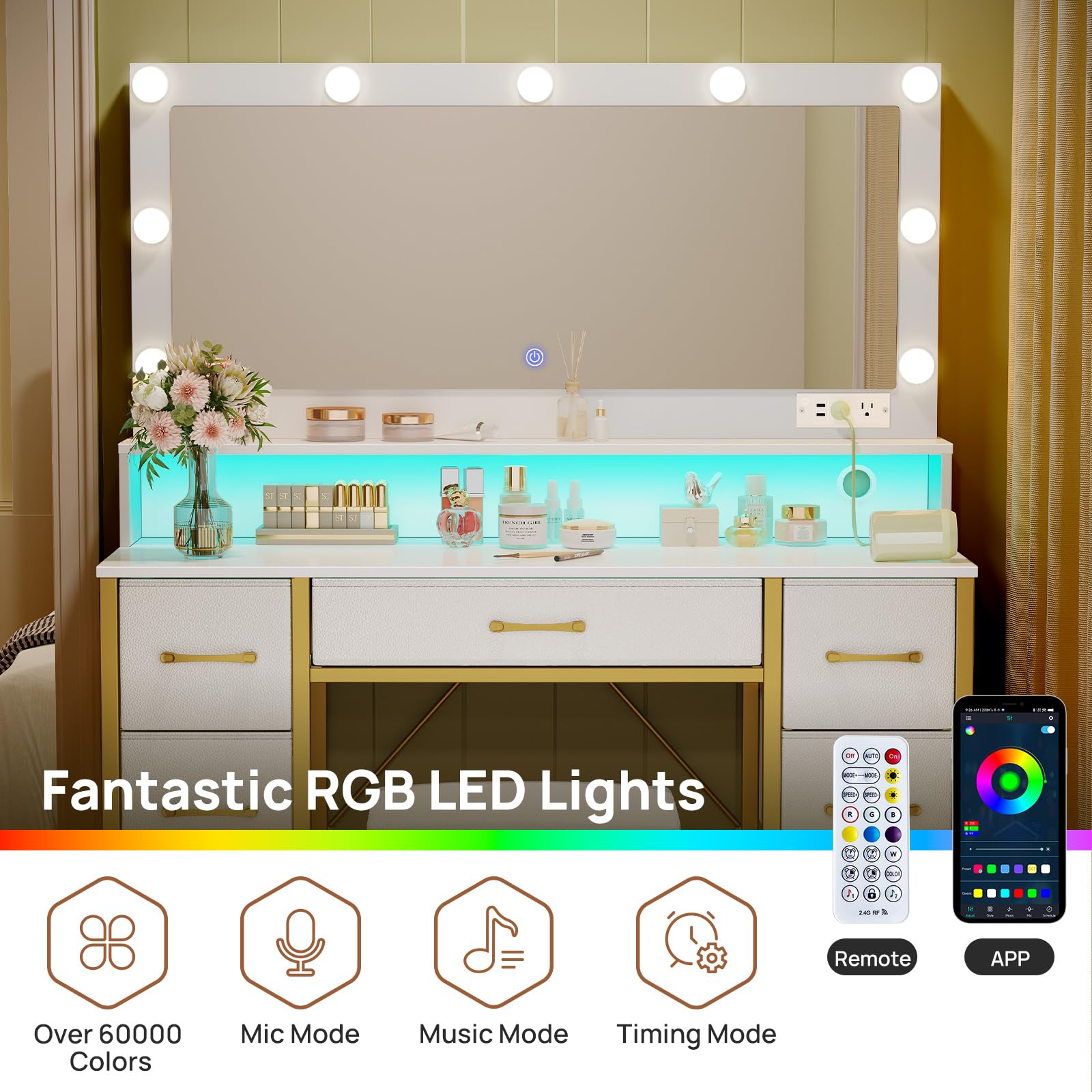 Rolanstar White and Gold Vanity Desk with Mirror & LED Lights - Makeup Vanity Set with Upholstered Stool, 7 Fabric Drawers, 9 LED Bulbs & Power Outlets - RGB Strip Lighting for Bedroom, Dressing Room & Beauty Salon