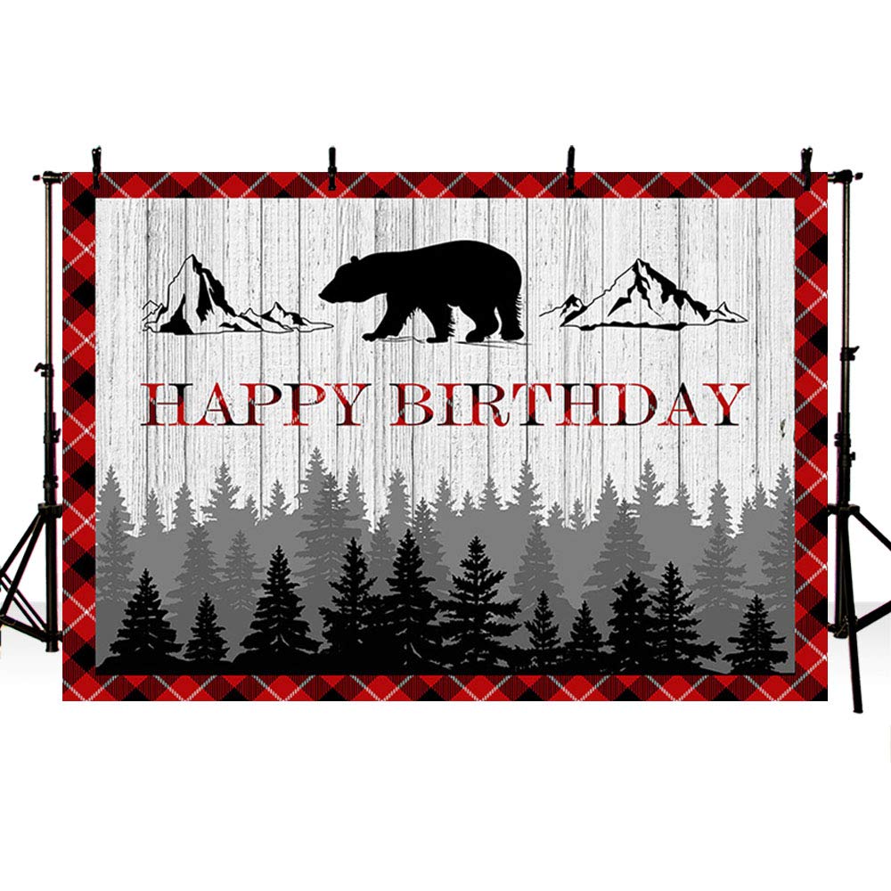 Woodland Lumberjack Happy Birthday Backdrop - Red Black Plaid Bear Camping Adventure Photo Background for Boys Birthday Party, Baby Shower & Tribal Themed Decor (7x5ft) - Perfect for Photo Studio, Outdoor Adventure Parties & Nursery Wall Decor