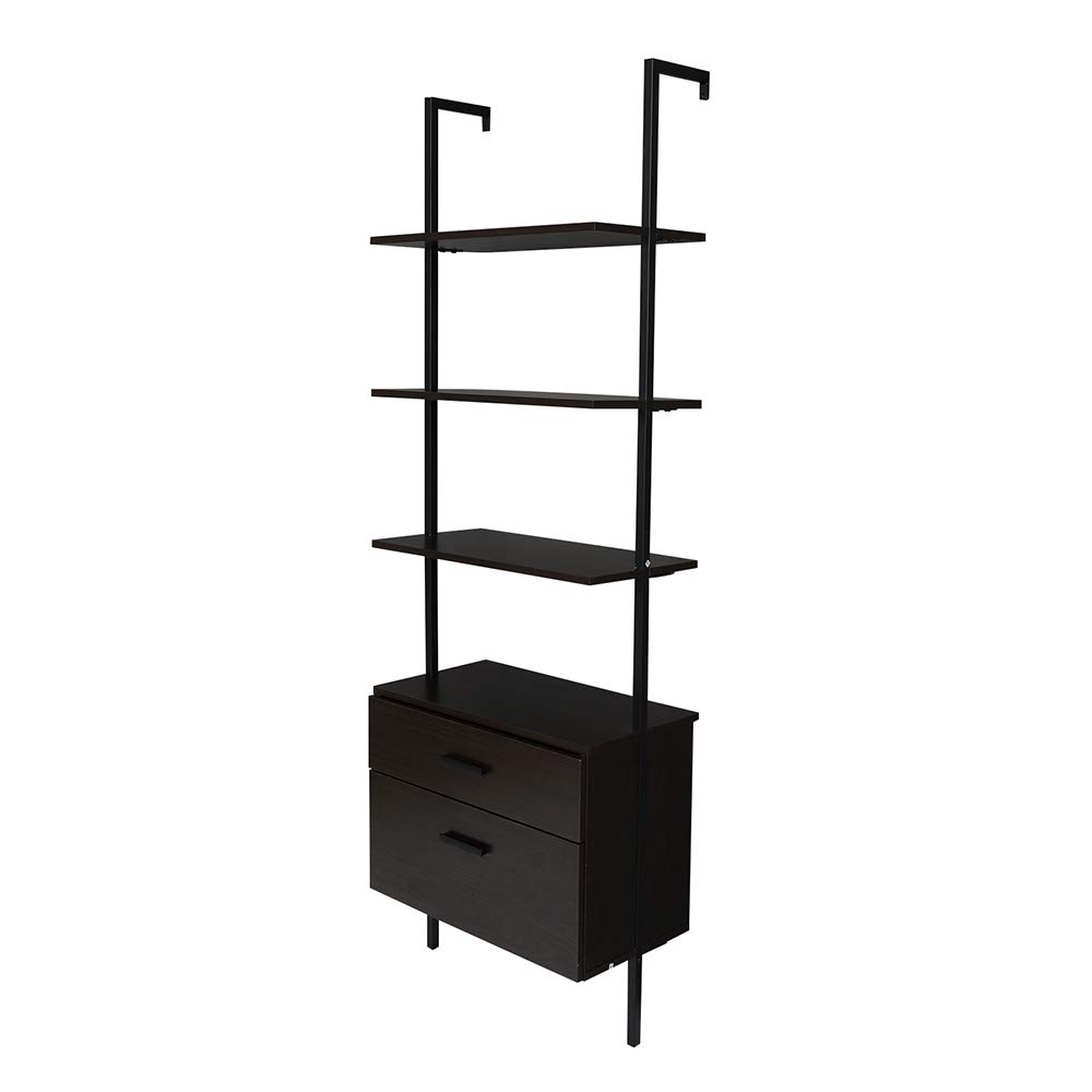 Wall Mounted 3-Tier Wooden Ladder Bookshelf with 2 Drawers - Black Walnut Floating Shelf for Books, Plants & Home Decor | Space-Saving Storage Solution for Living Room, Bedroom & Home Office