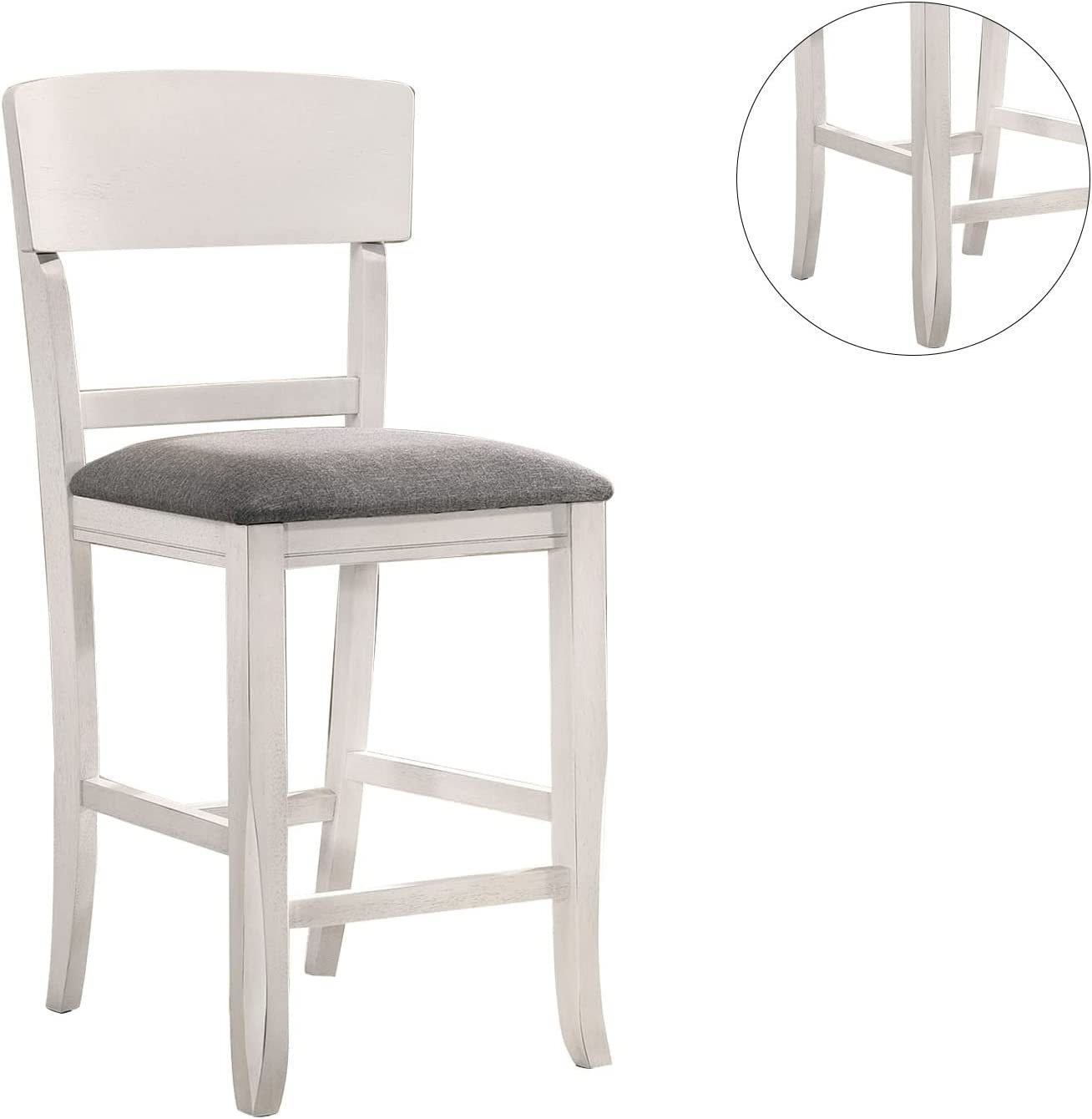 Modern Counter Height Dining Chairs Set of 2 - White Solid Wood with Gray Padded Fabric Seat - Perfect for Kitchen Islands, Breakfast Nooks & Small Space Dining Areas