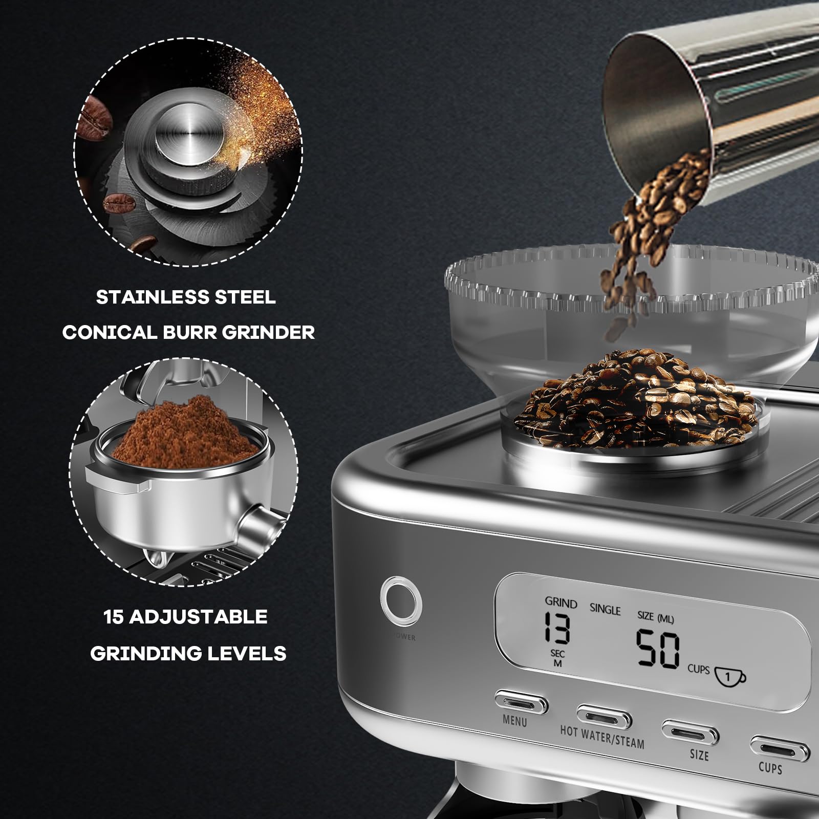 Semi-Automatic Espresso Machine with Built-in Grinder & Milk Frother - 78oz Removable Water Tank, LCD Display for Perfect Cappuccino & Latte - Ideal for Home Baristas & Coffee Shops