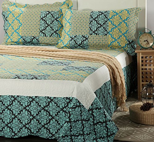 Tache 3-Piece Fall Damask Turquoise Reversible King Size Bedspread Quilt Set - Cozy Autumn Bedding for Master Bedroom & Guest Room Decor