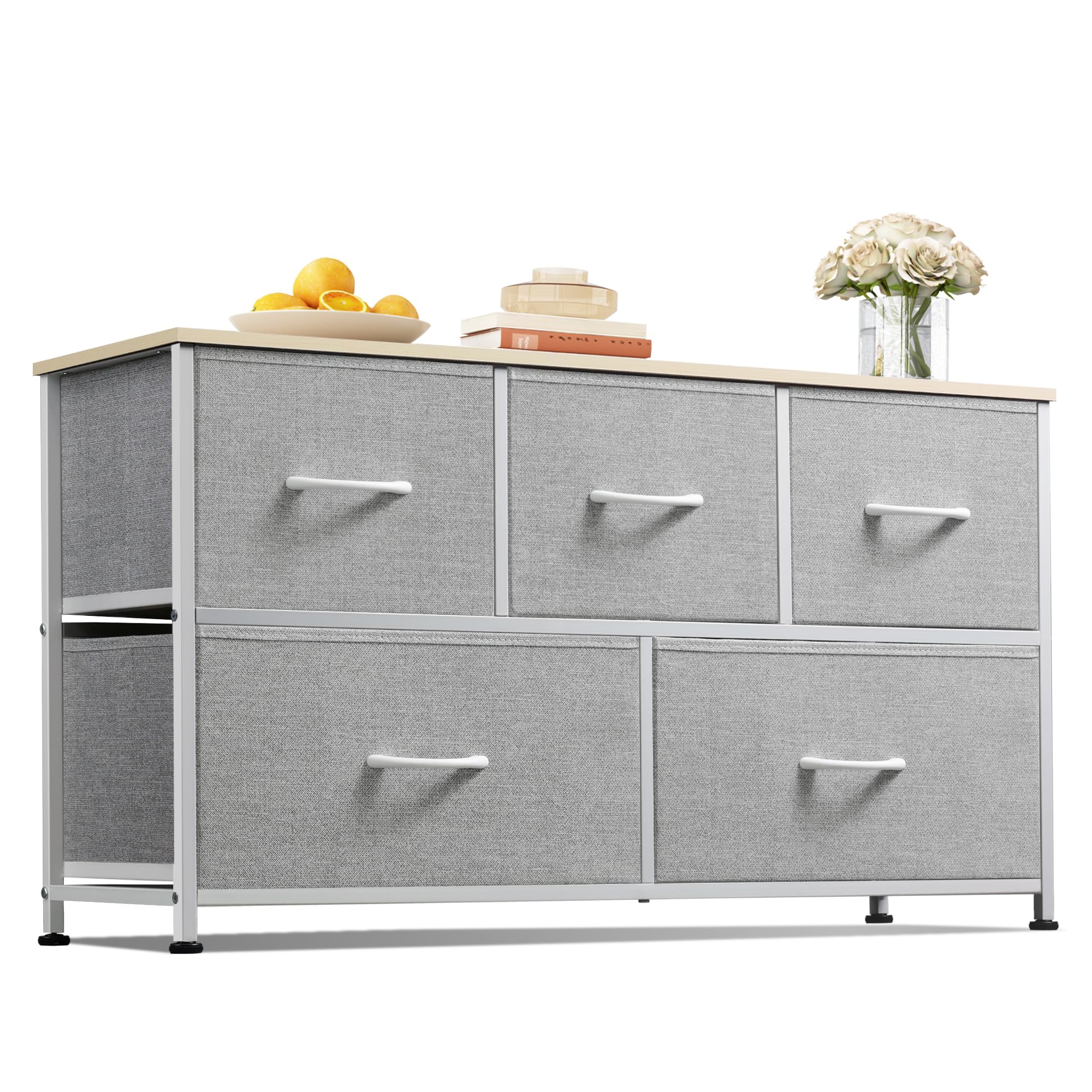 5-Drawer Fabric Dresser for Bedroom - Light Grey Storage Organizer with Fabric Bins, Wide Chest of Drawers for Closet, Living Room & Hallway | Perfect for Small Space Organization & Home Decor