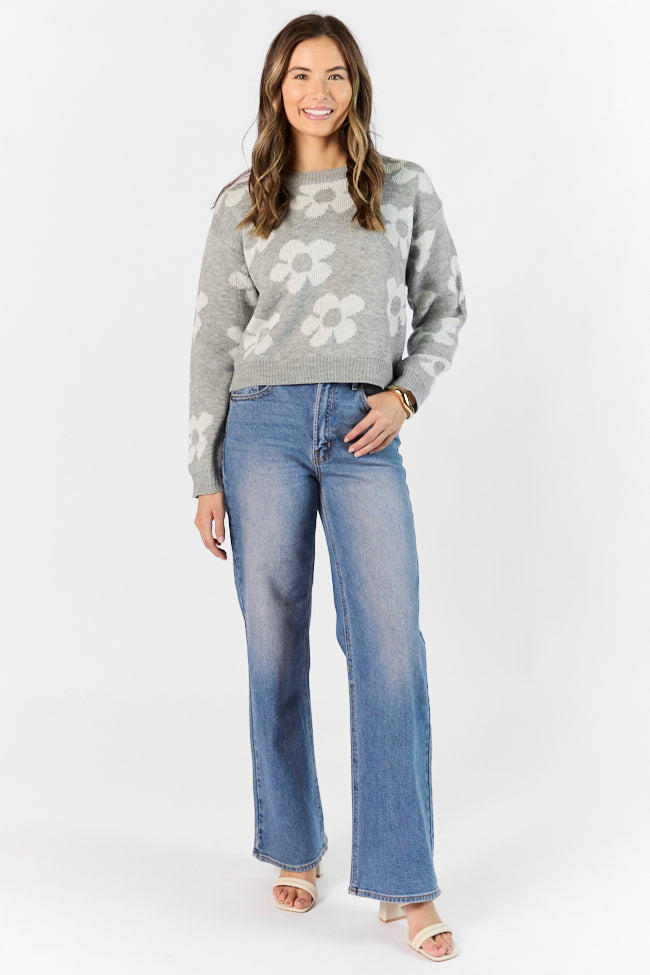 Heather Grey Floral Knit Sweater for Women - Cozy Fall & Winter Pullover - Perfect for Casual Outings & Layering