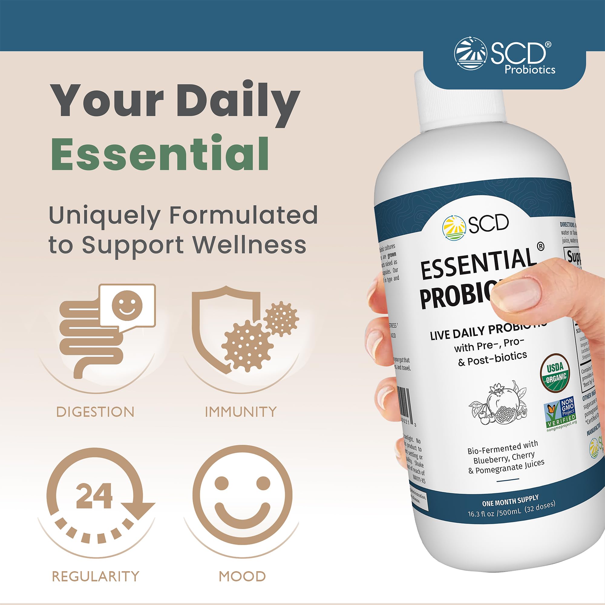 SCD Essential Probiotics for Women, Men, Kids & Toddlers - Live Probiotic Supplement for Digestion, Immunity & Gut Health - 11 Strains Liquid Probiotic - 16.3 fl oz (3 Pack) - Supports Daily Wellness for Families & Active Lifestyles