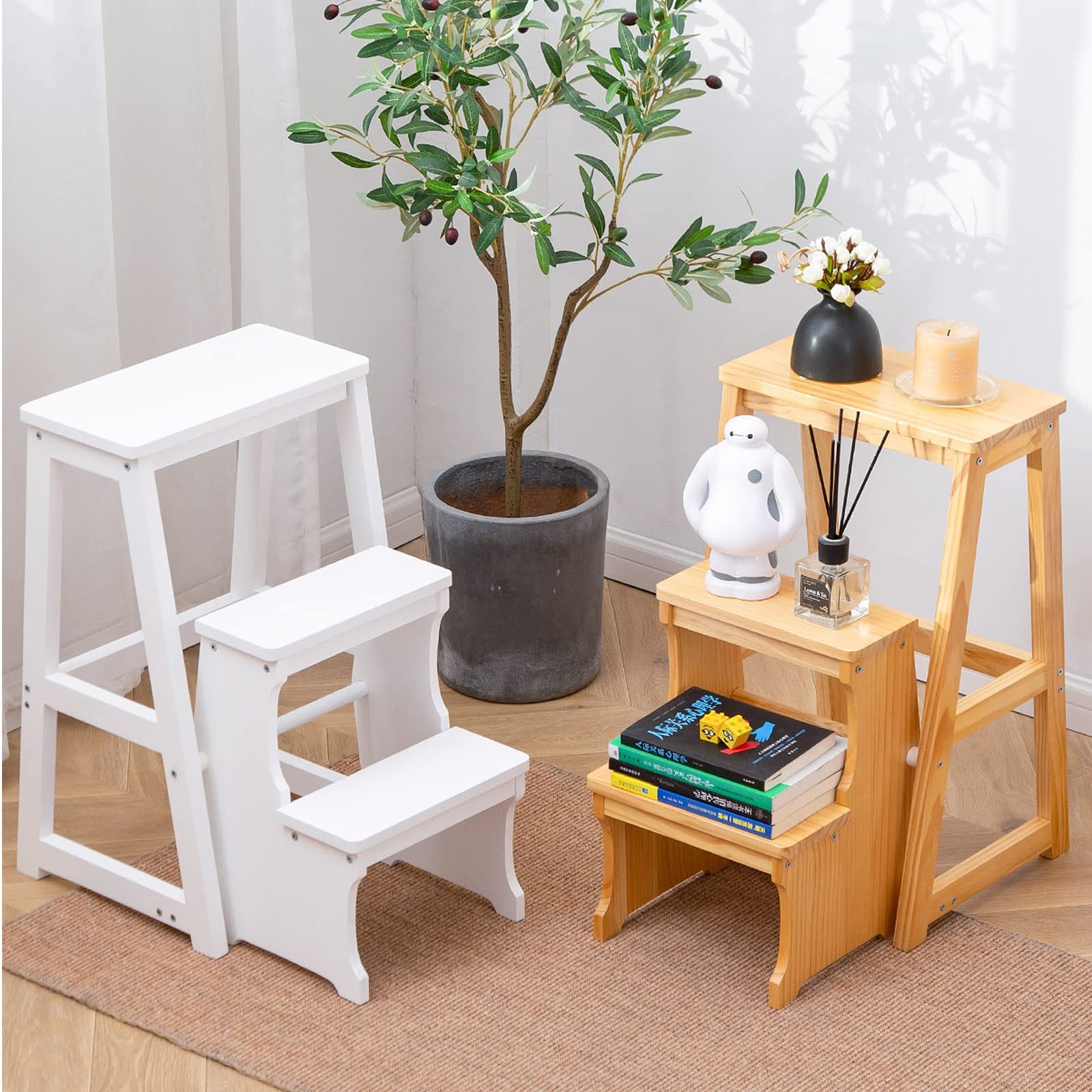 FADUNI 3-Step Wooden Folding Step Stool - Multifunctional 3-in-1 Ladder Stool with Anti-Slip Tread for Home, Kitchen, Bathroom & Kids' Room - Compact Safety Stool for Reaching High Shelves